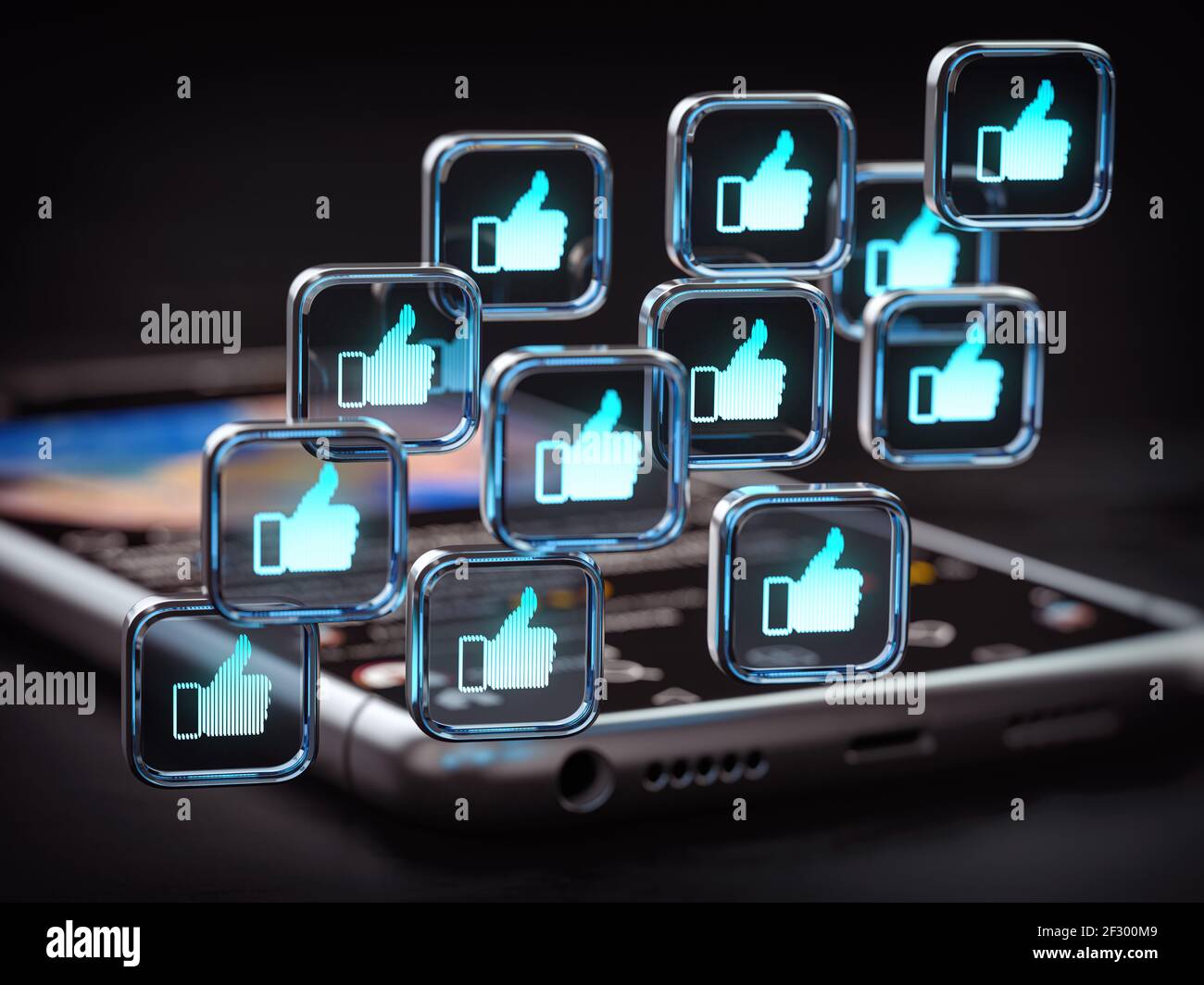 Beaucoup de symboles comme et pouce sur le smartphone. Ativité et popularité dans le concept de médias sociaux. illustration 3d Banque D'Images