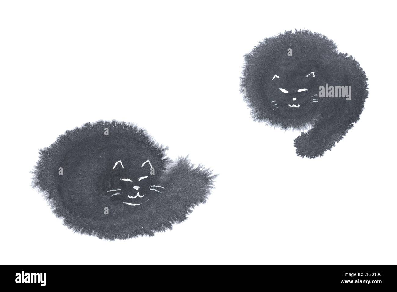 Silhouette de chats noirs endormis sur fond blanc, illustration japonaise à l'encre noire naturelle, aquarelle, dessin au trait Banque D'Images