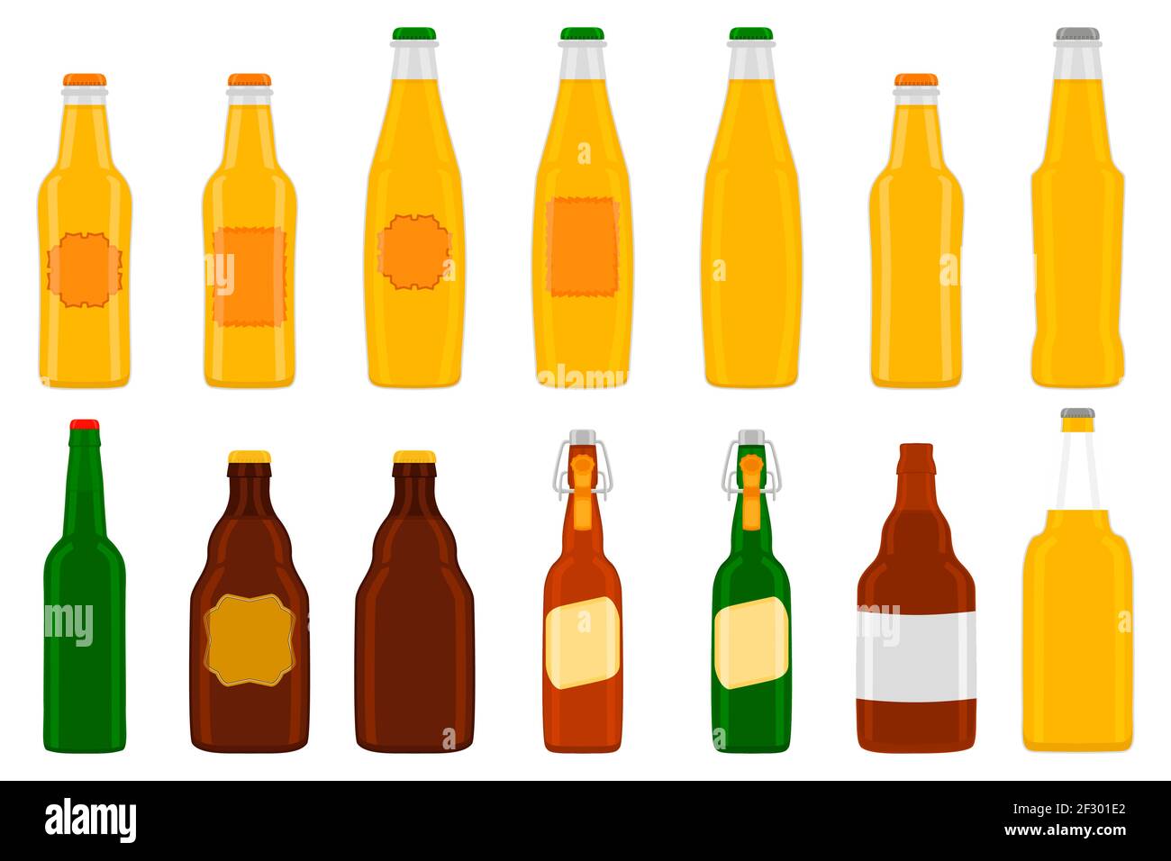 Illustration sur le thème grand kit bouteilles de bière en verre avec couvercle pour la brasserie. Bière à motifs composée de nombreuses bouteilles de verre identiques sur fond blanc. CG Illustration de Vecteur