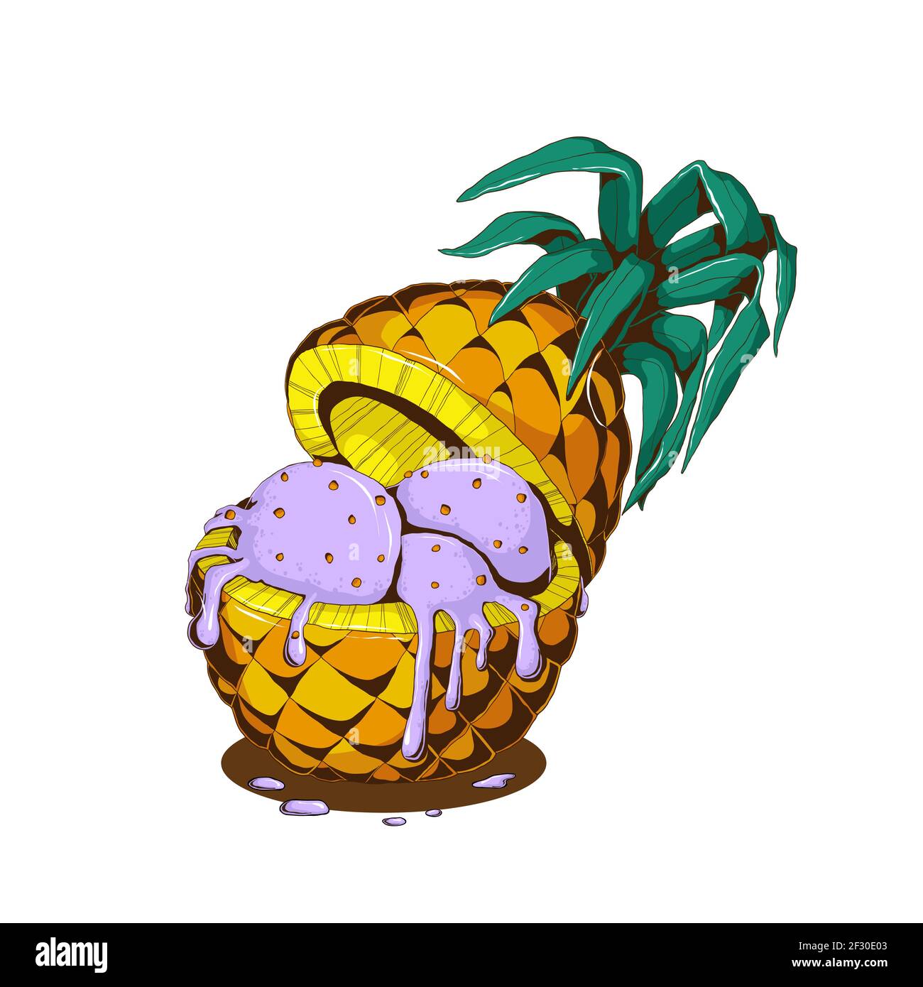 Glace violette tirée à la main avec baies et ananas en tranches d'ananas jaune avec labes et crème de lait en comix. Vecteur coloré de glace de cre Illustration de Vecteur