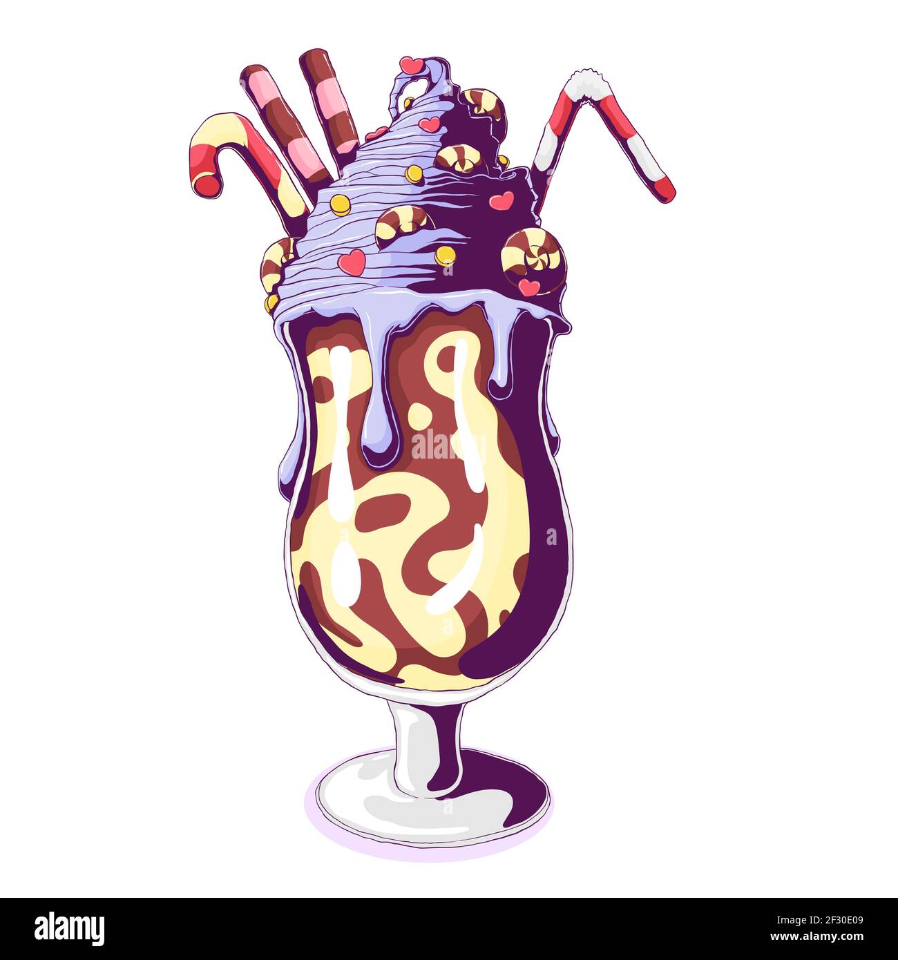 Glace dans un gobelet en verre sundae avec caramel, chocolat, dragée et crosse de cachets. Illustration vectorielle dessinée à la main isolée sur fond blanc. Illustration de Vecteur