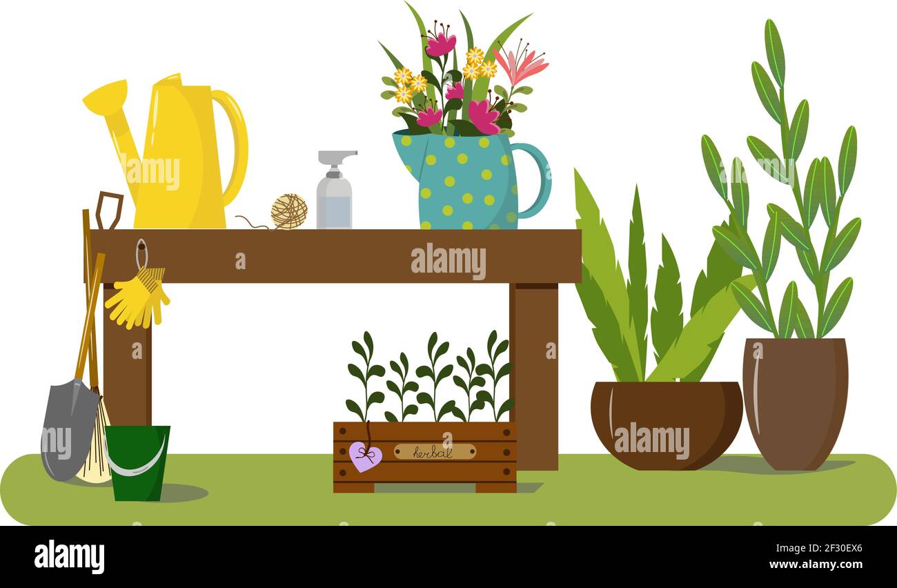 Illustration du jardin - une table, un arrosoir, une carafe de fleurs et une boîte d'herbes, des outils de jardinage. Illustration de Vecteur