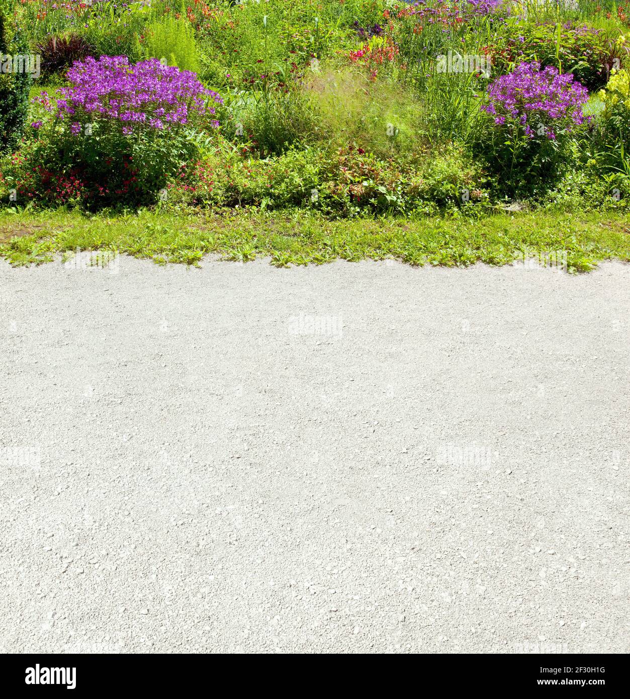 Jardin bien entretenu avec un lit de fleurs coloré Banque D'Images