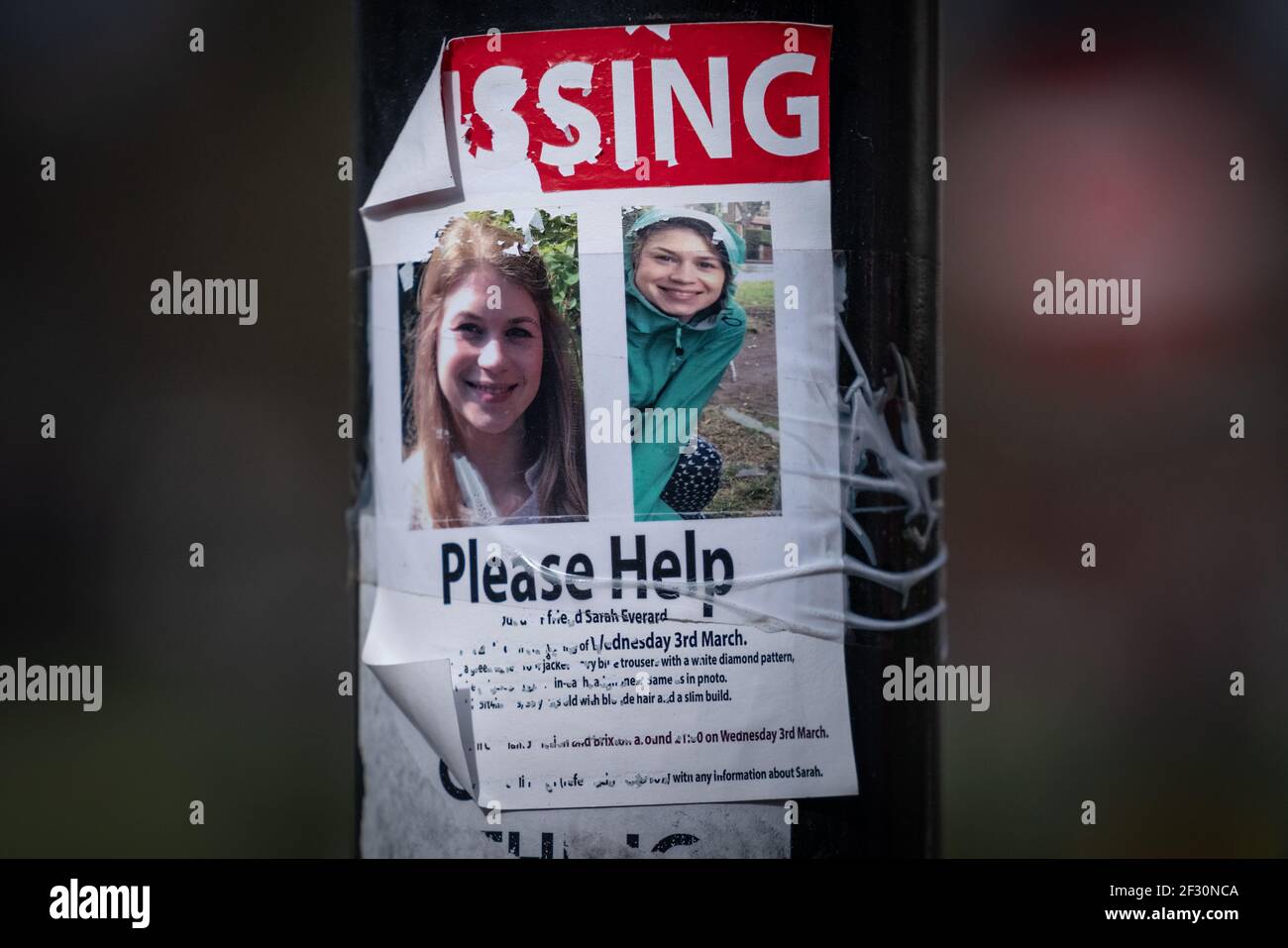 Sarah Everard manque une affiche à Clapham Common, Londres, Royaume-Uni. Banque D'Images