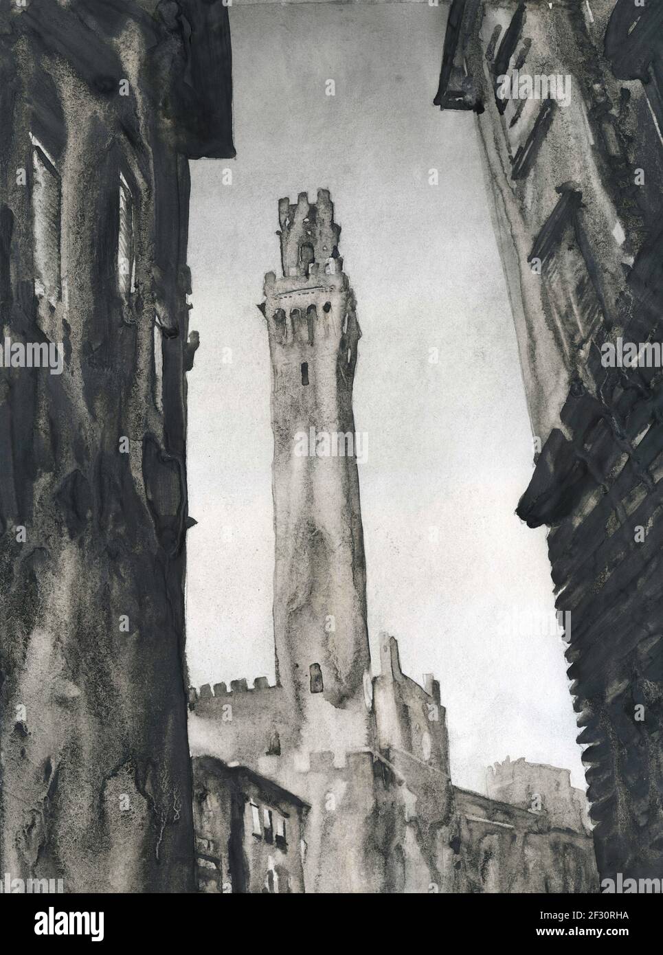 Tour de Sienne, Italie. Torre del Mangia dans la ville médiévale de Sienne, Italie œuvres d'art. Peinture à l'aquarelle de Sienne Banque D'Images