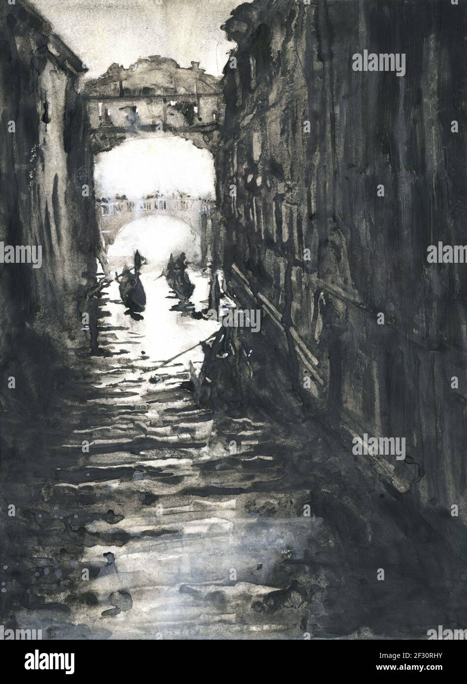 Venise, Italie peinture à l'aquarelle noire blanche. Peinture du pont des Soupirs à Venise, Italie gondoles bateaux art monochromatique Banque D'Images