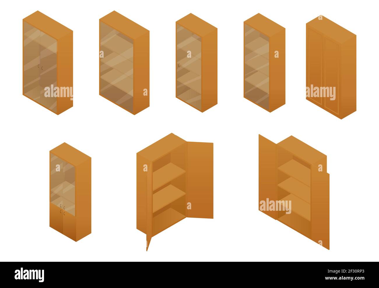 Ensemble de meubles de style rustique brun de différentes armoires isométriques. Armoire d'illustration vectorielle, vitrine ou rack isolée sur blanc. Illustration de Vecteur