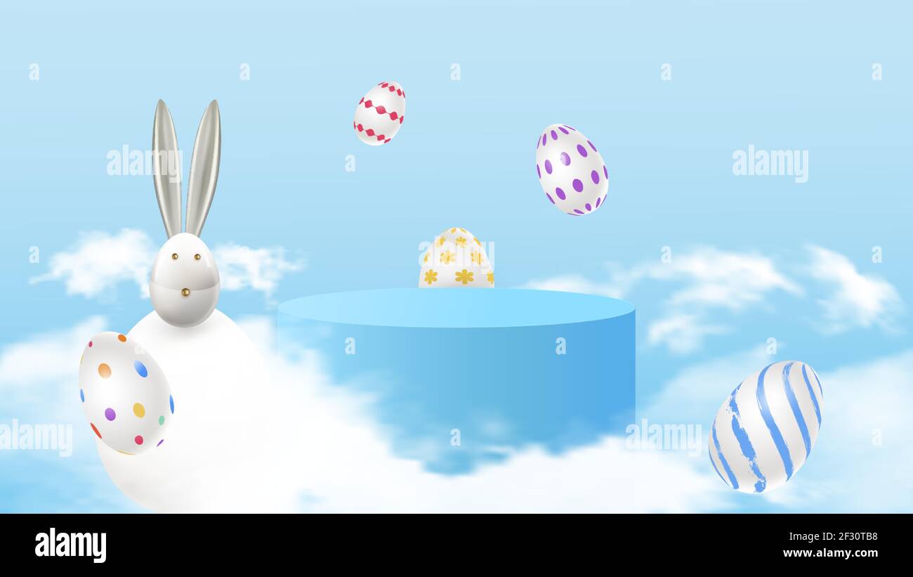 Joyeuses Pâques. Dessin lapin avec oeufs. Composition 3d printanière festive. Scène réaliste, passerelle, studio de fête. Arrière-plan minimal. Créativité moderne Illustration de Vecteur