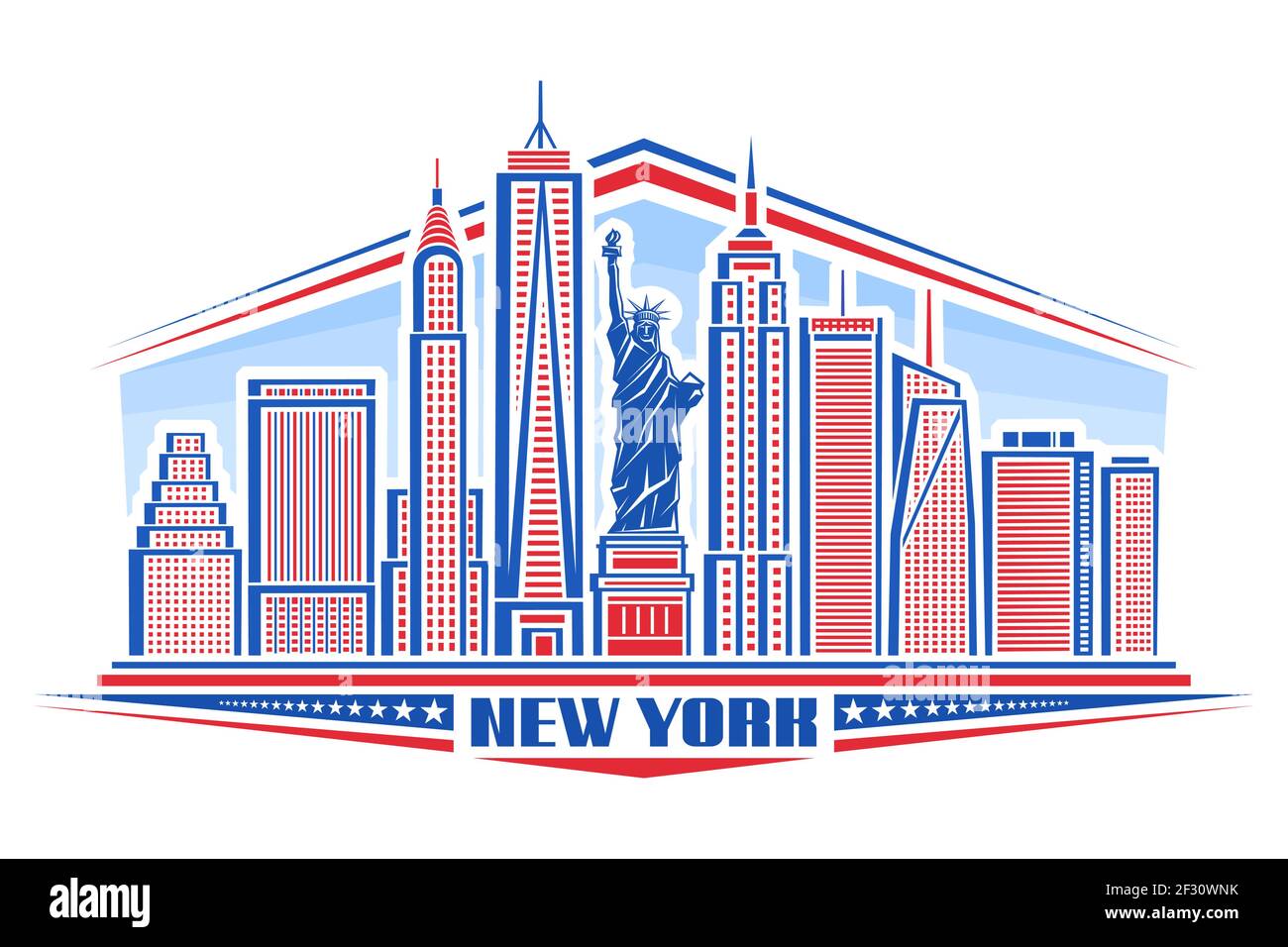 Illustration vectorielle de la ville de New York, affiche bleue et rouge avec le symbole de NYC - Statue de la liberté et esquisse de paysage urbain moderne, design d'art, conce urbaine Illustration de Vecteur
