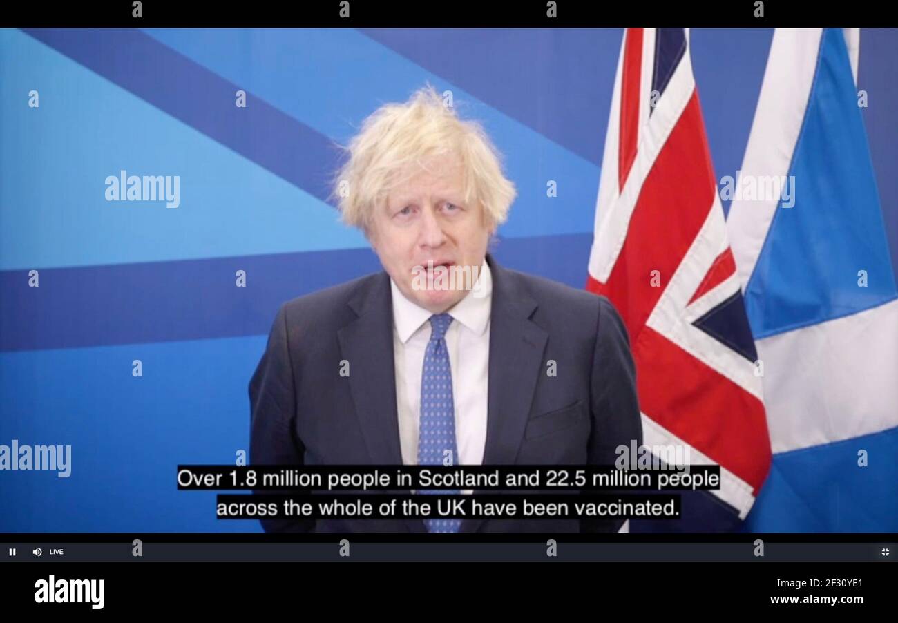 Glasgow, Écosse, Royaume-Uni. 14 mars 2021. Photo : Boris Johnson, député du Royaume-Uni, a pris la parole lors de la conférence nationale du Parti conservateur et unioniste écossais (#SCC21) qui est de nouveau hébergée en ligne en raison de la pandémie en cours. Crédit : Colin Fisher/Alay Live News Banque D'Images