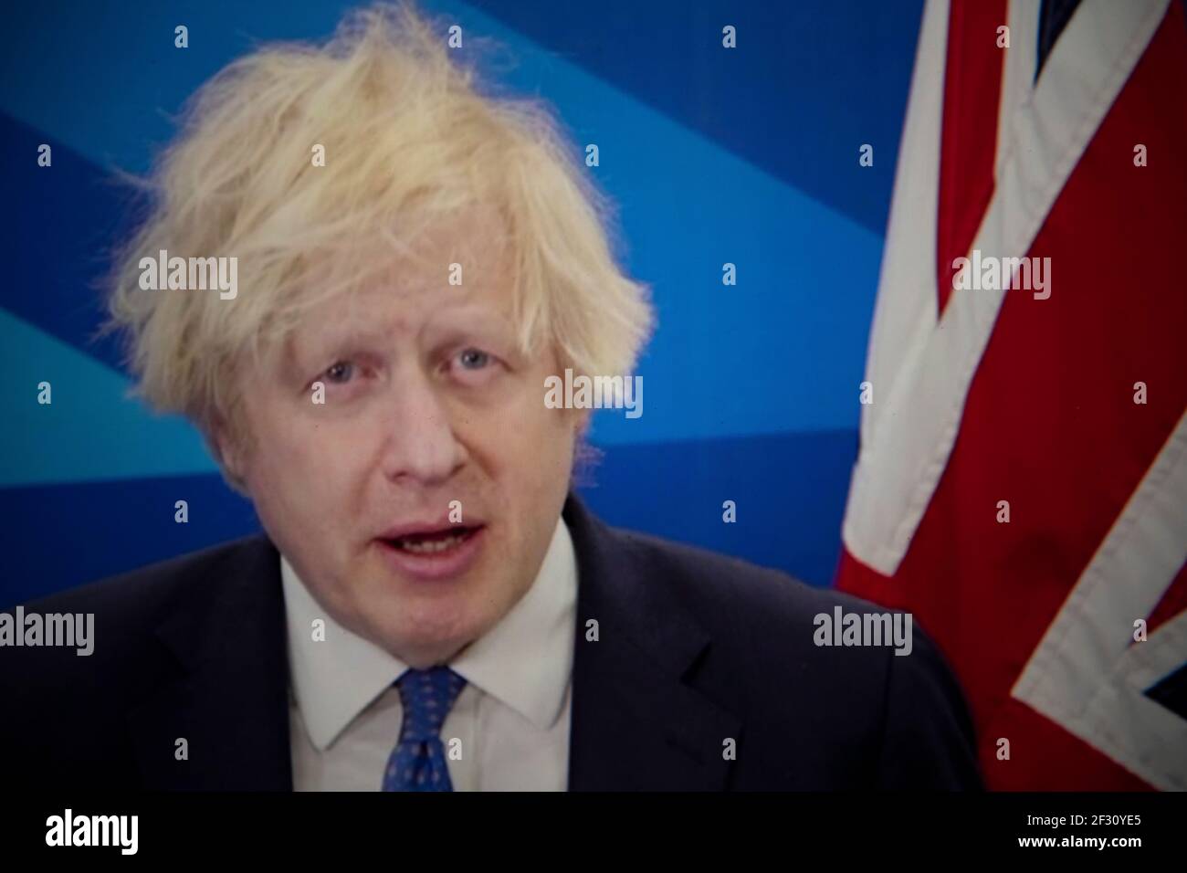 Glasgow, Écosse, Royaume-Uni. 14 mars 2021. Photo : Boris Johnson, député du Royaume-Uni, a pris la parole lors de la conférence nationale du Parti conservateur et unioniste écossais (#SCC21) qui est de nouveau hébergée en ligne en raison de la pandémie en cours. Crédit : Colin Fisher/Alay Live News Banque D'Images