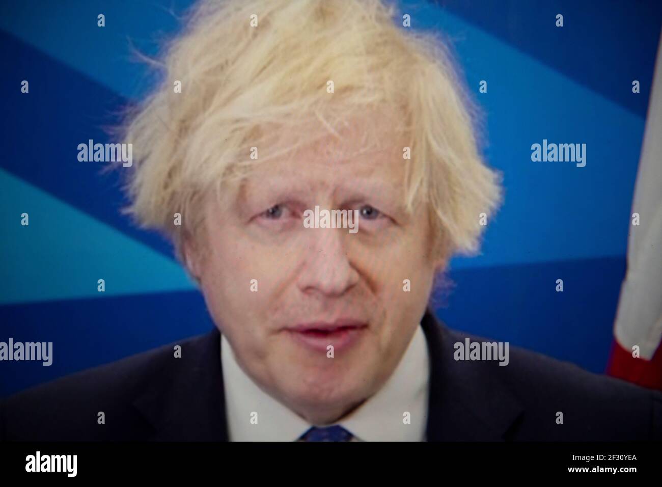 Glasgow, Écosse, Royaume-Uni. 14 mars 2021. Photo : Boris Johnson, député du Royaume-Uni, a pris la parole lors de la conférence nationale du Parti conservateur et unioniste écossais (#SCC21) qui est de nouveau hébergée en ligne en raison de la pandémie en cours. Crédit : Colin Fisher/Alay Live News Banque D'Images