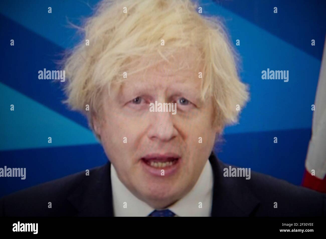 Glasgow, Écosse, Royaume-Uni. 14 mars 2021. Photo : Boris Johnson, député du Royaume-Uni, a pris la parole lors de la conférence nationale du Parti conservateur et unioniste écossais (#SCC21) qui est de nouveau hébergée en ligne en raison de la pandémie en cours. Crédit : Colin Fisher/Alay Live News Banque D'Images