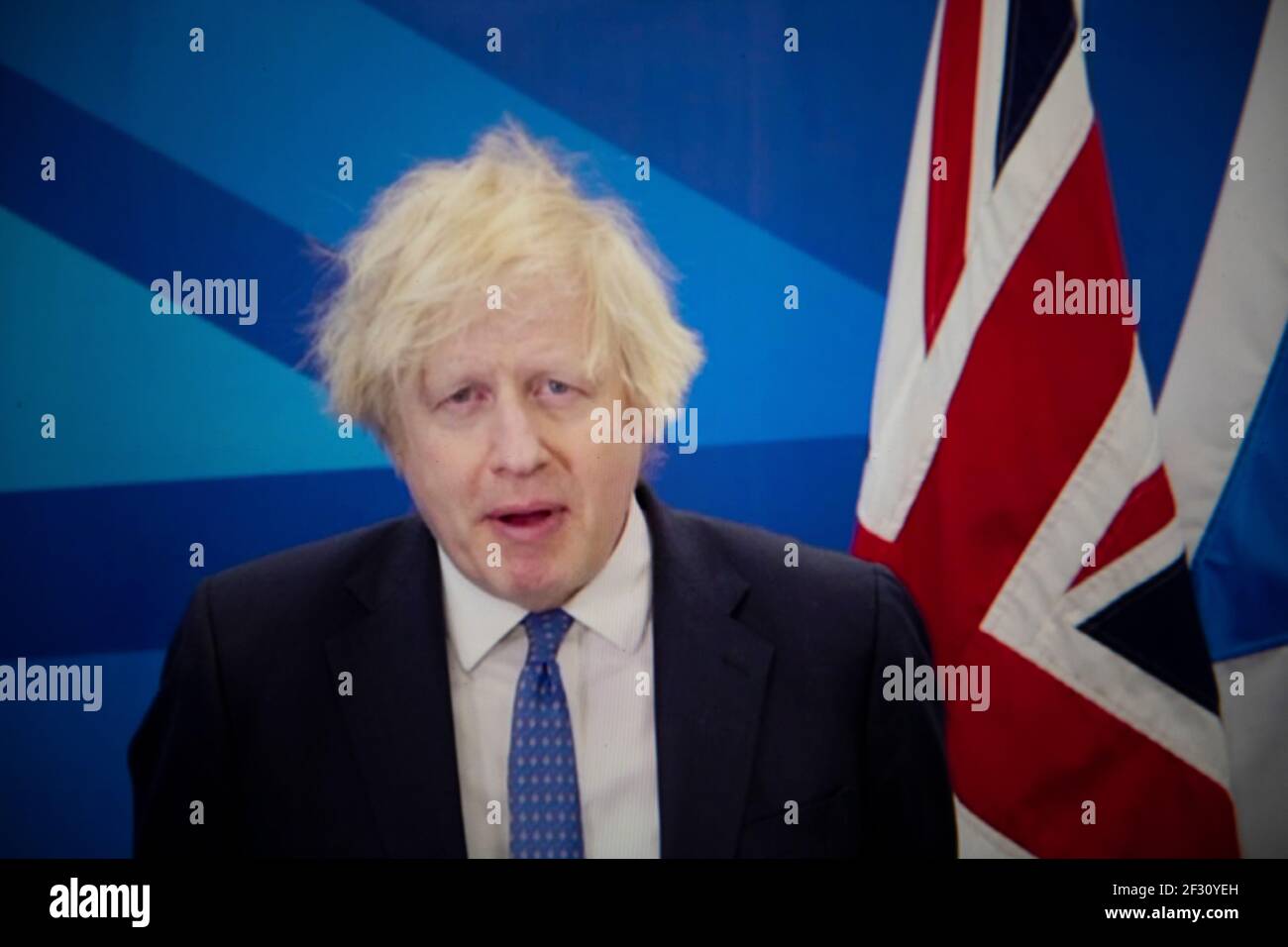 Glasgow, Écosse, Royaume-Uni. 14 mars 2021. Photo : Boris Johnson, député du Royaume-Uni, a pris la parole lors de la conférence nationale du Parti conservateur et unioniste écossais (#SCC21) qui est de nouveau hébergée en ligne en raison de la pandémie en cours. Crédit : Colin Fisher/Alay Live News Banque D'Images
