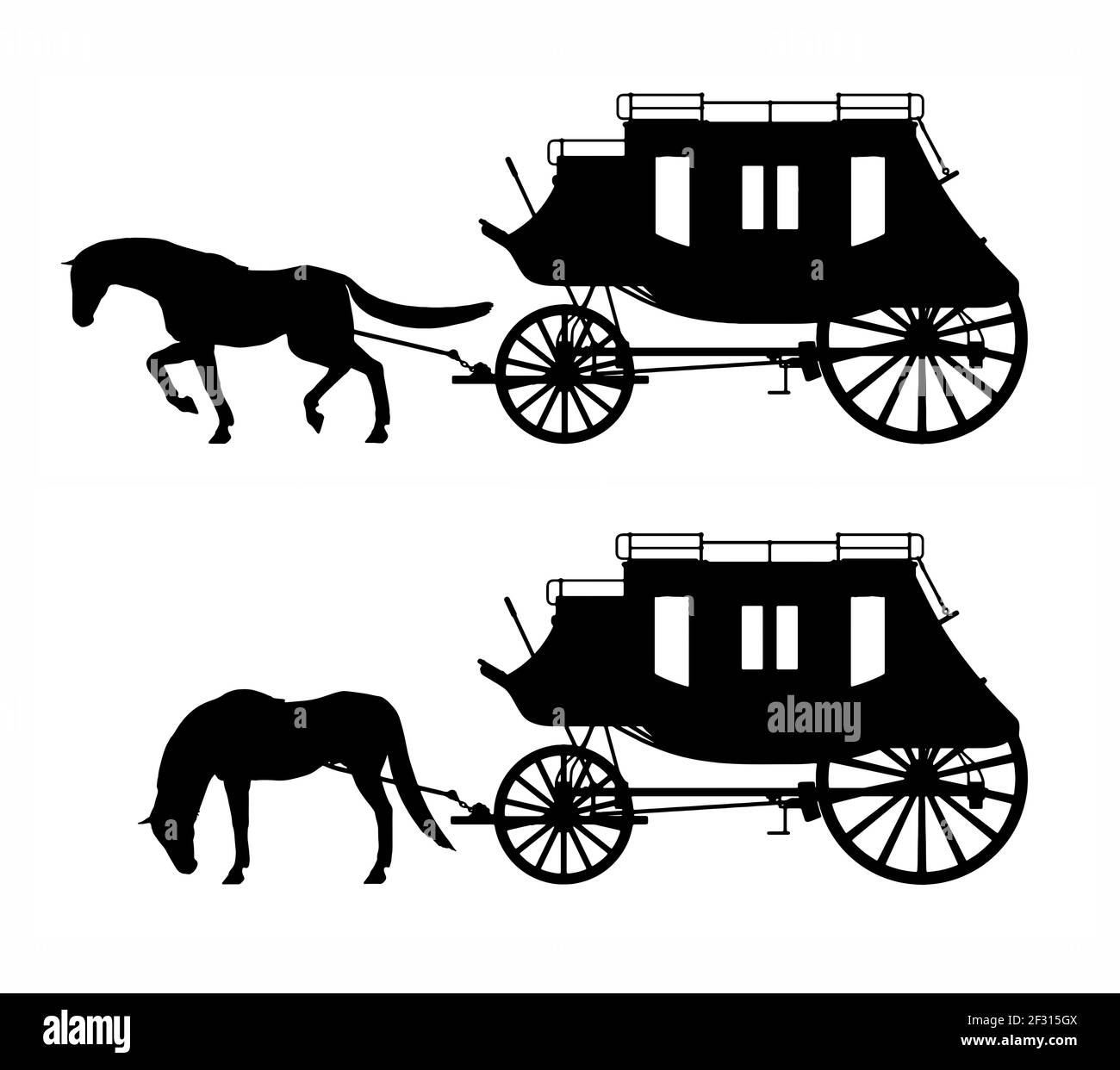 cheval avec silhouette de calèche sur fond blanc Banque D'Images