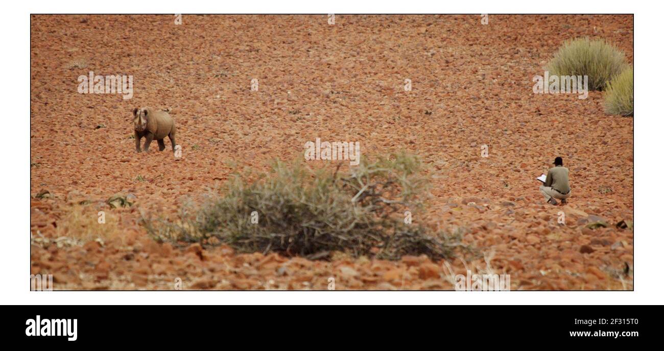 Appel de Noël indépendant...... Développement rural intégré et conservation de la nature (IRDNC) en Namibie.Fillimon Nuab un dispositif de suivi Rhino travaillant pour l'IRDNC garde un onglet étroit sur Rhino dans la province de Kunene, dans le nord-ouest de la Namibie, Dans le cadre de leur programme, les collectivités locales deviennent responsables de la conservation et de la gestion de leur faune. Photographie par David Sandison novembre 2004 Banque D'Images