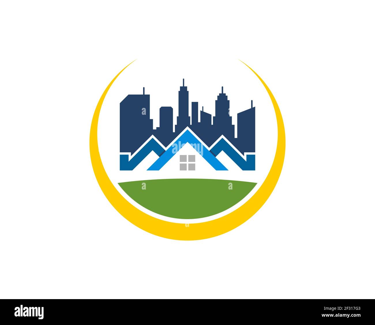 Swoosh circulaire avec maison et bâtiment modernes Banque D'Images