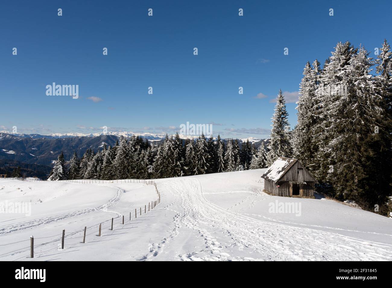 Sentier dans la neige à Sommeralm, Autriche Banque D'Images