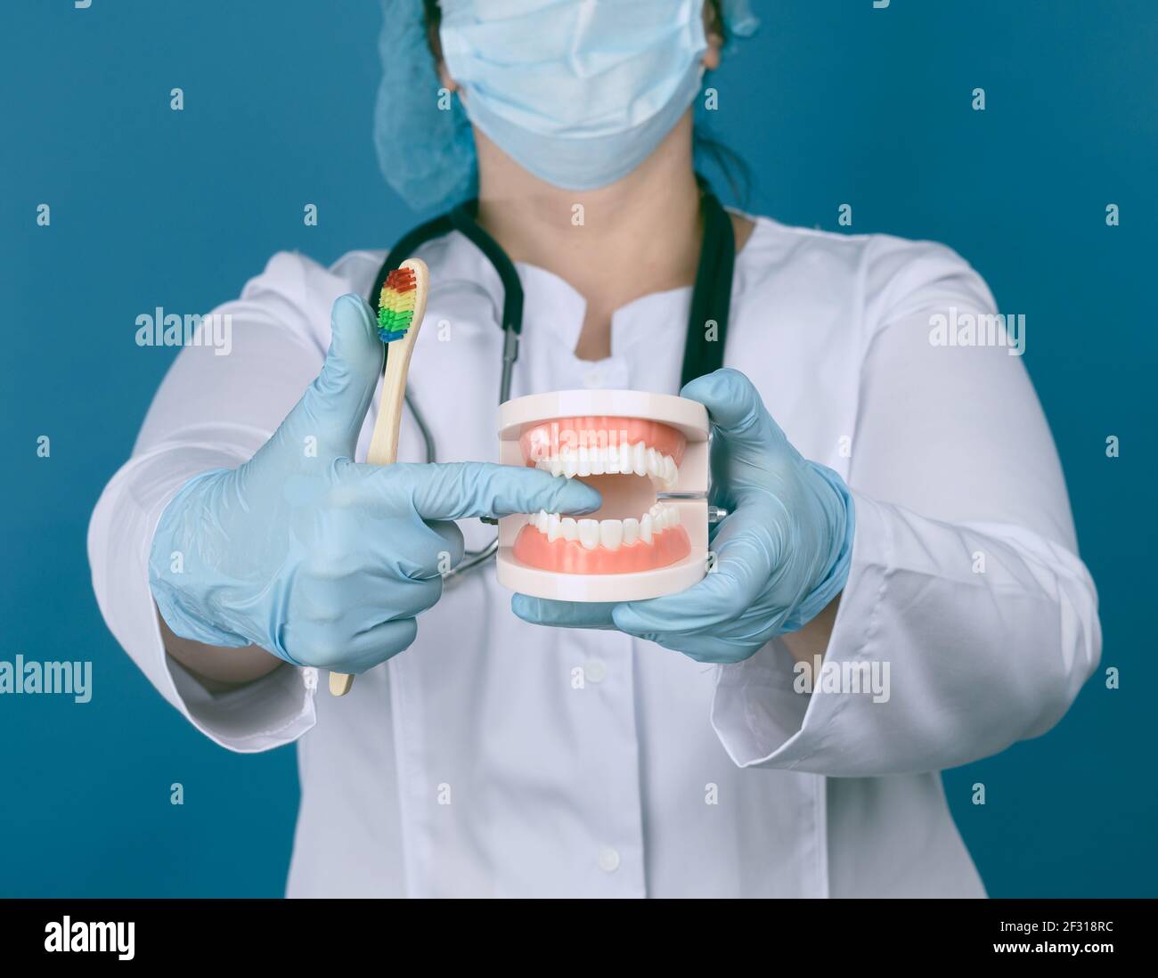 Femme médique sur un manteau blanc, un masque contient un modèle en plastique d'une mâchoire humaine et une brosse à dents en bois Banque D'Images