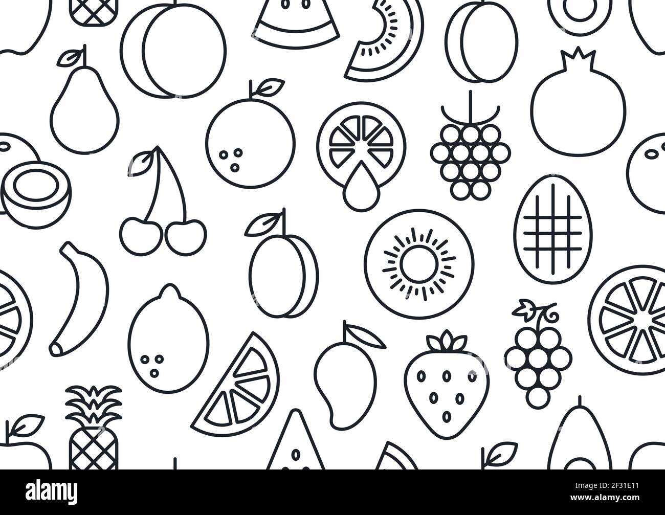 Motif vectoriel sans couture, texture sans fin avec fruits. Ensemble d'icônes linéaires isolées. Contour, forme, contour. Des aliments et des vitamines sains Illustration de Vecteur