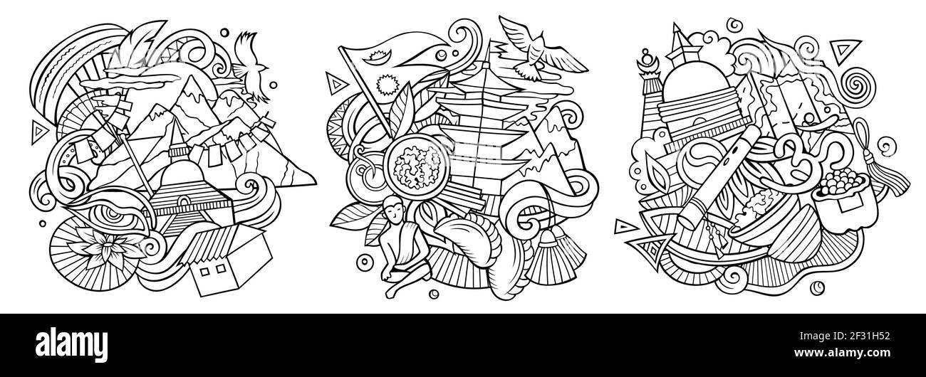 Ensemble de motifs de dessin animé à motif caniche népalais. Art de ligne compositions détaillées avec beaucoup d'objets et de symboles népalais. Isolé sur des illustrations blanches Illustration de Vecteur Ensemble de motifs de dessin animé à motif caniche népalais. Art de ligne compositions détaillées avec beaucoup d'objets et de symboles népalais. Isolé sur des illustrations blanches Illustration de Vecteur