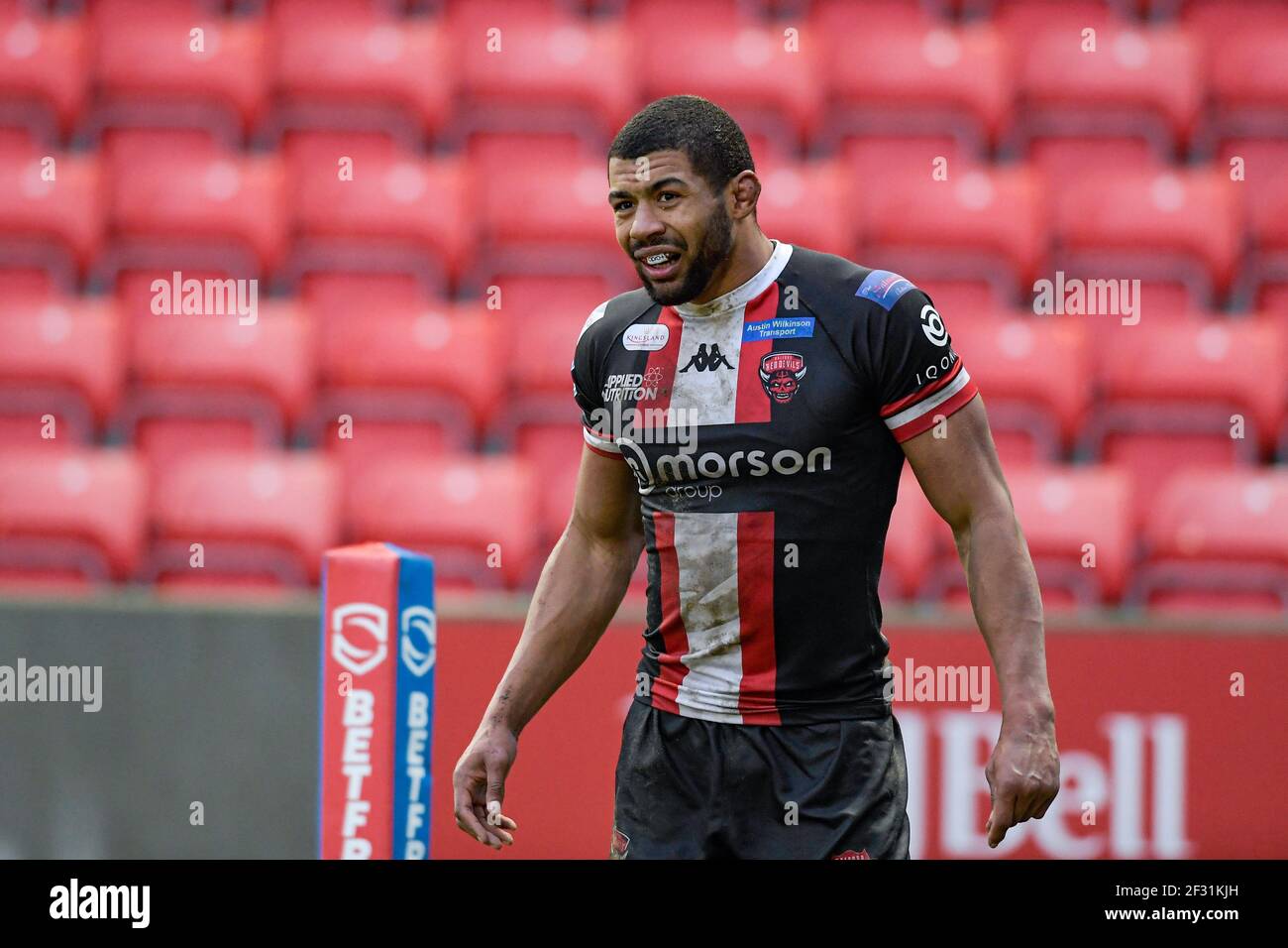 Eccles, Royaume-Uni. 14 mars 2021. Kallum Watkins (3) de Salford Red Devils en action pendant le match à Eccles, Royaume-Uni, le 3/14/2021. (Photo de Simon Whitehead/News Images/Sipa USA) crédit: SIPA USA/Alay Live News Banque D'Images