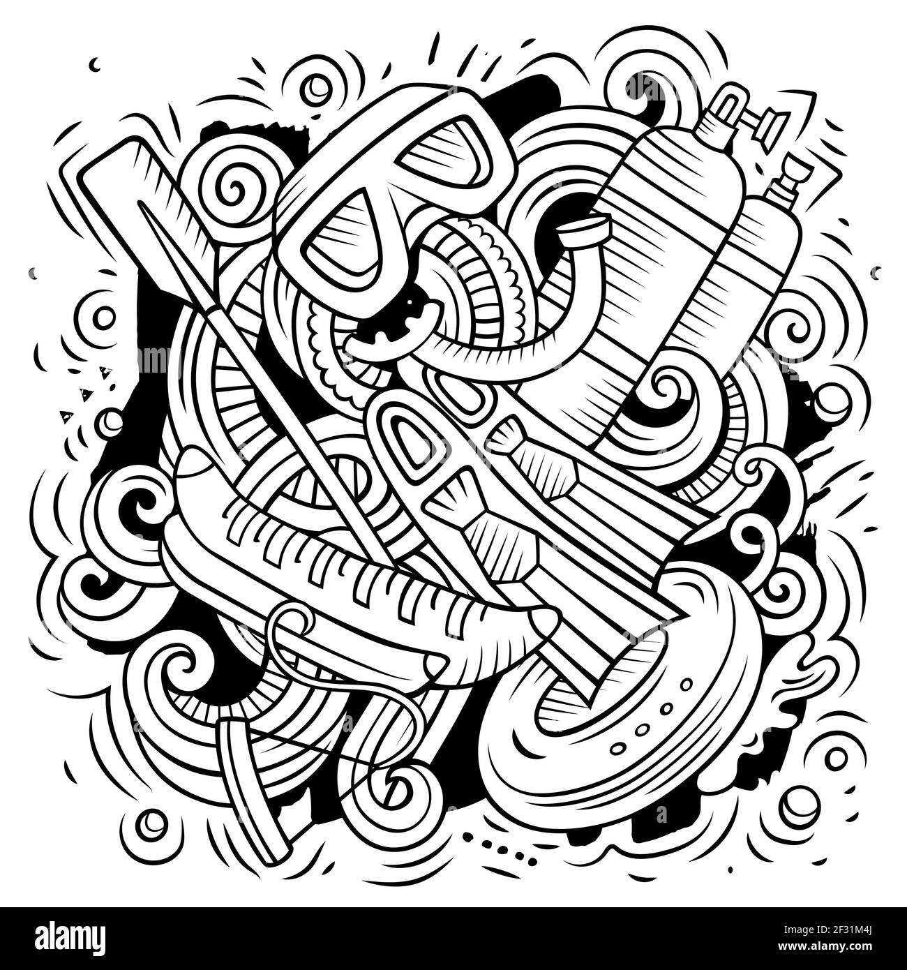 Illustration de la bande dessinée des sports d'été. Design amusant. Arrière-plan vectoriel créatif. Éléments et objets de sport nautique. Composition de dessins au trait Illustration de Vecteur