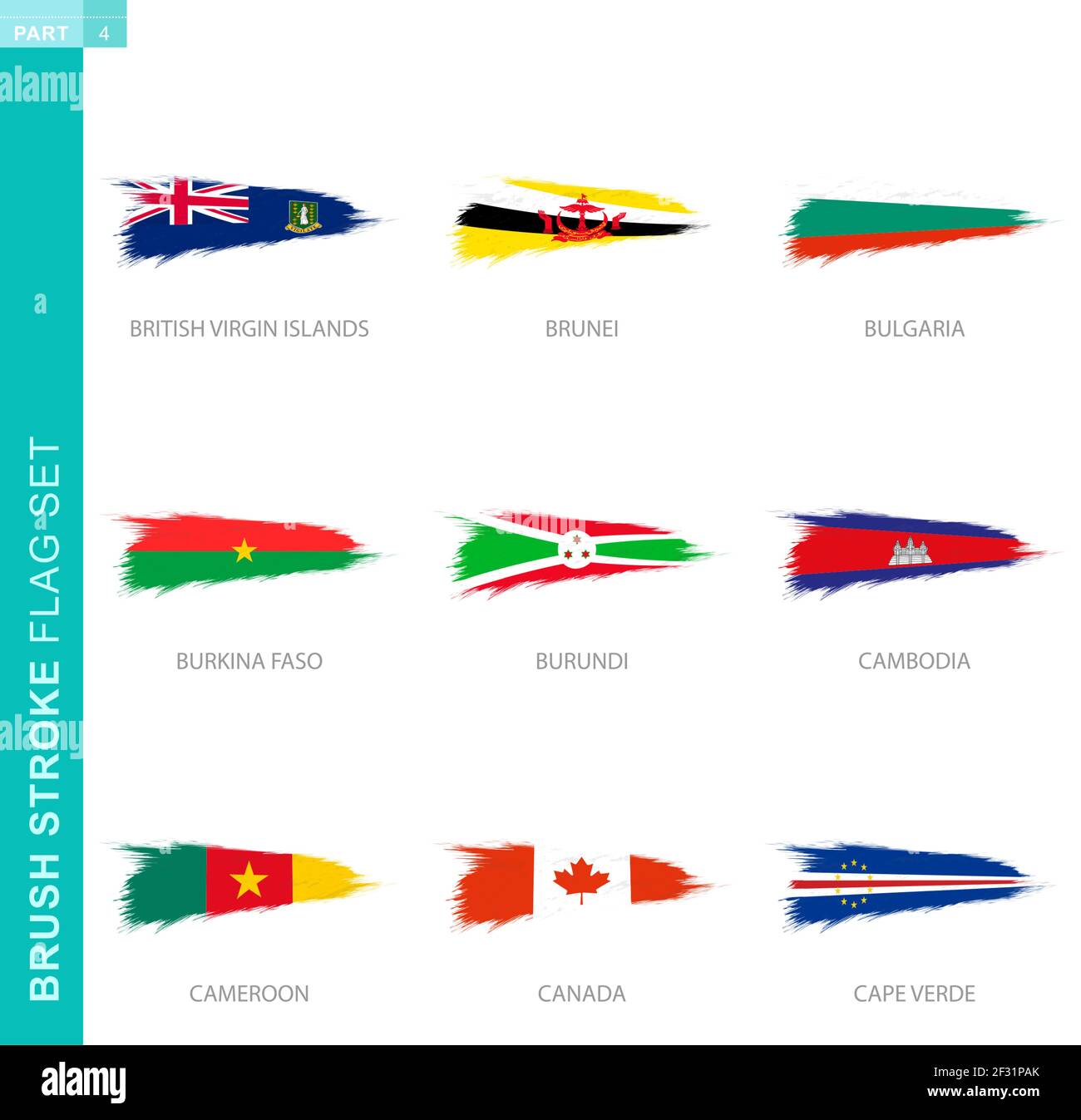 Ensemble de drapeaux vectoriels à coups de pinceau, neuf drapeaux de grunge : Îles Vierges britanniques, Brunei, Bulgarie, Burkina Faso, Burundi, Cambodge, Cameroun, Canada, Cap-Vert Illustration de Vecteur