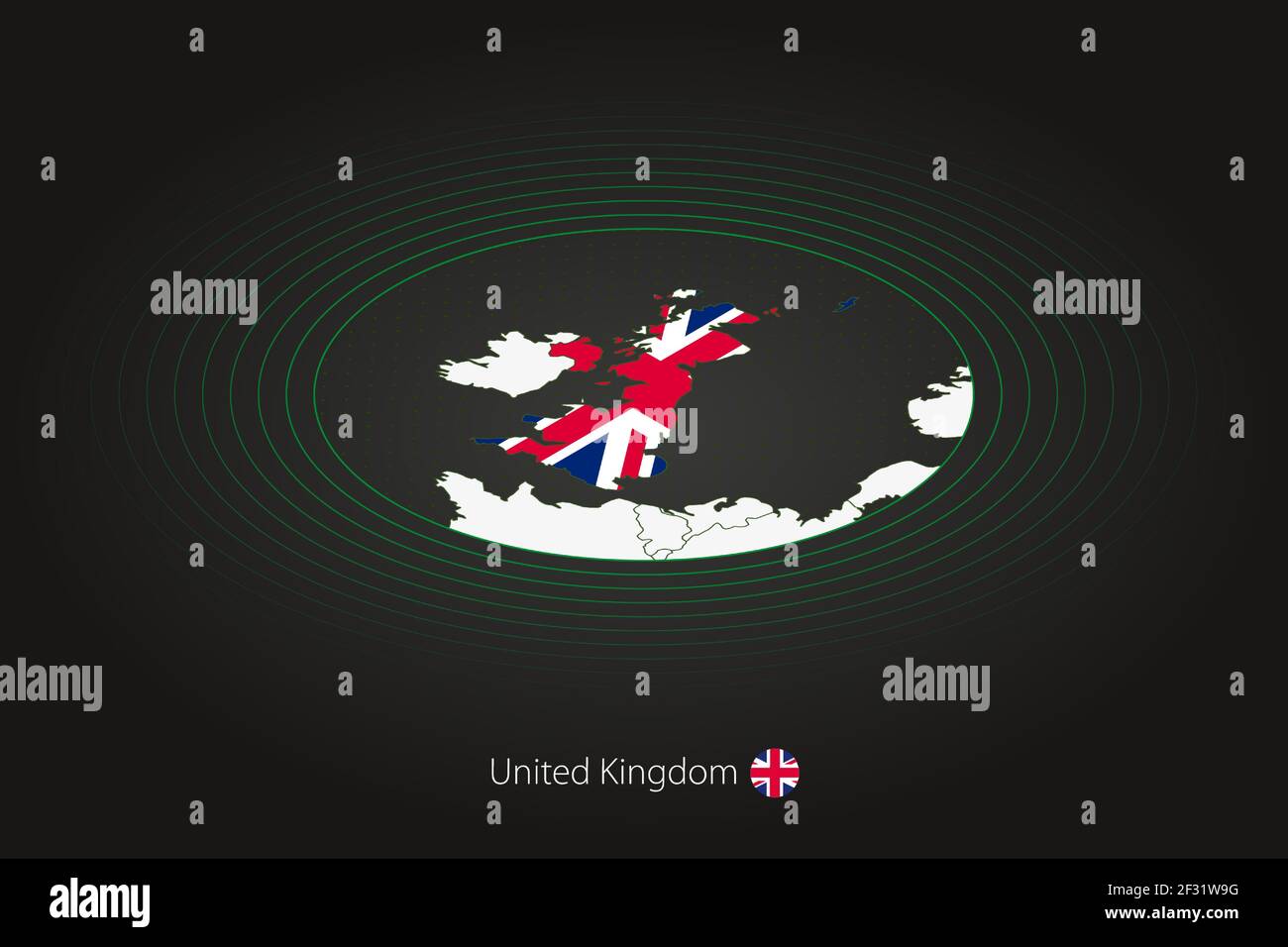Carte du Royaume-Uni de couleur foncée, carte ovale avec les pays voisins. Carte vectorielle et drapeau du Royaume-Uni Illustration de Vecteur
