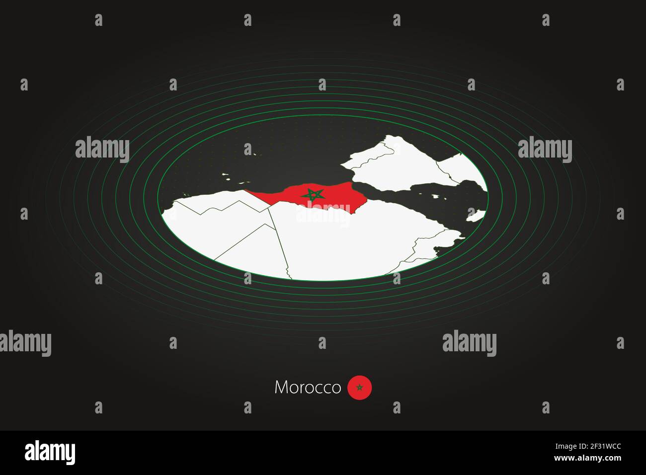Carte du Maroc en couleur foncée, carte ovale avec les pays voisins. Carte vectorielle et drapeau du Maroc Illustration de Vecteur