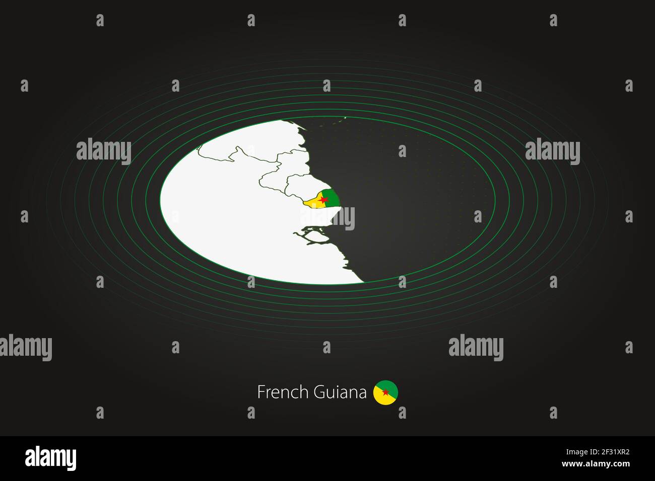 Carte de la Guyane française en couleur foncée, carte ovale avec les pays voisins. Carte vectorielle et drapeau de la Guyane française Illustration de Vecteur