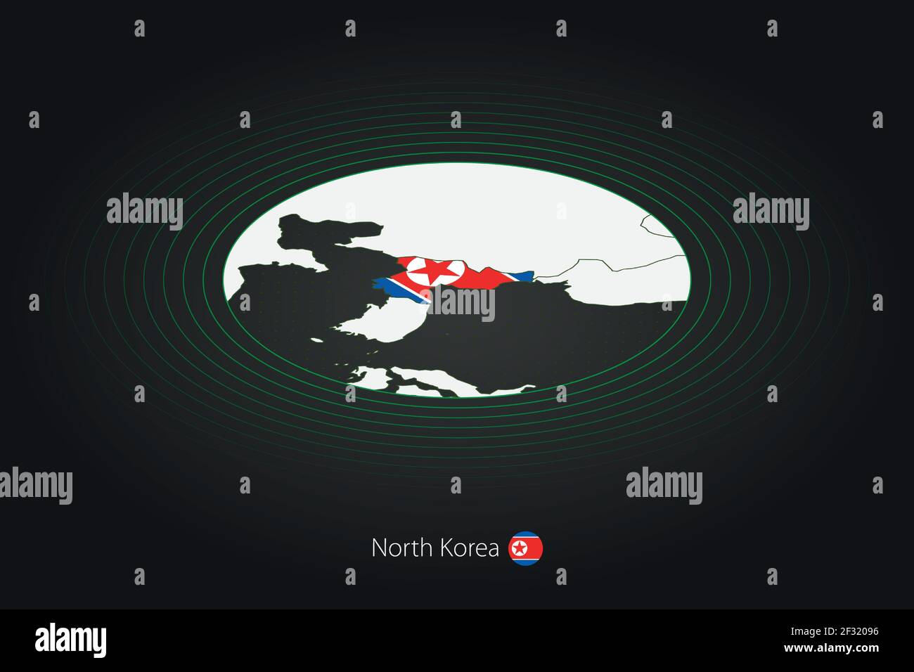 Carte de la Corée du Nord en couleur foncée, carte ovale avec les pays voisins. Carte vectorielle et drapeau de la Corée du Nord Illustration de Vecteur