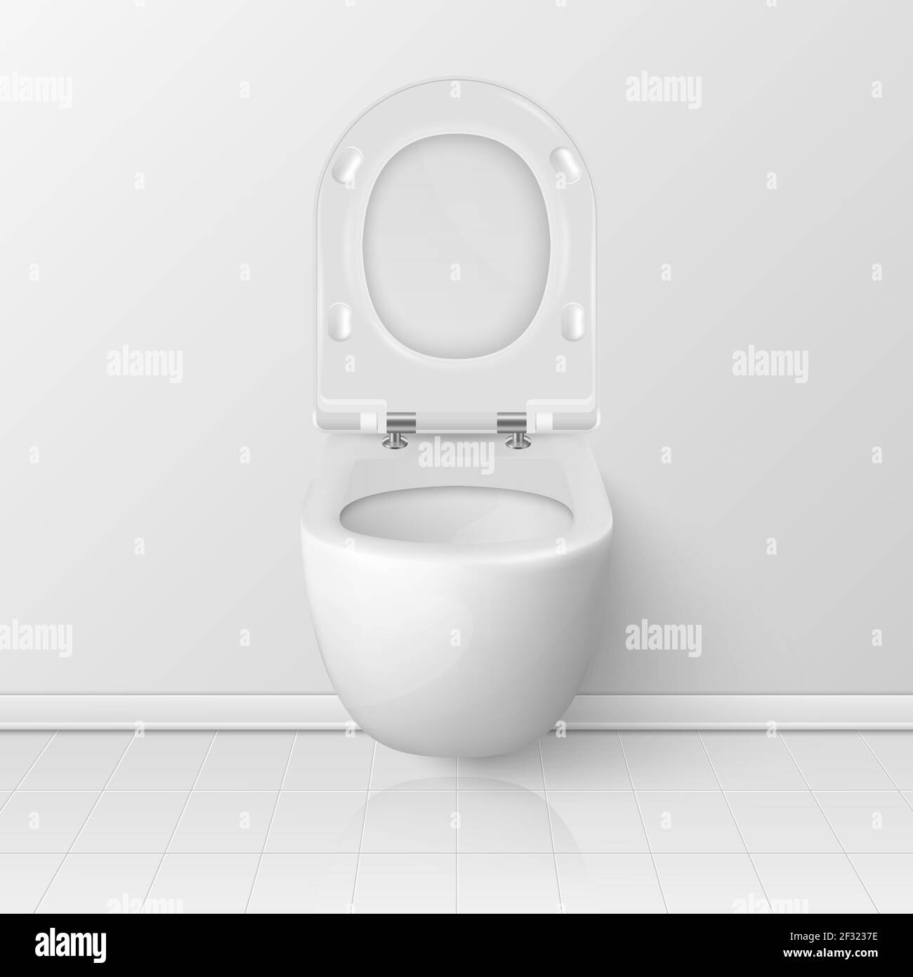 Vector 3d Realistic blanc ouvert cuvette de toilette en céramique avec couvercle dans la salle de toilette. Plomberie, maquette, modèle de conception pour l'intérieur, nettoyage, hygiène Illustration de Vecteur