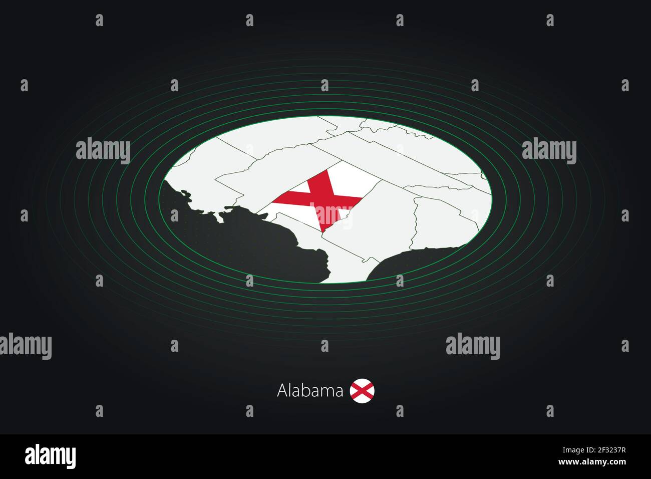 Carte de l'Alabama en couleur foncée, carte ovale avec États américains voisins. Carte vectorielle et drapeau de l'État américain Alabama. Illustration de Vecteur