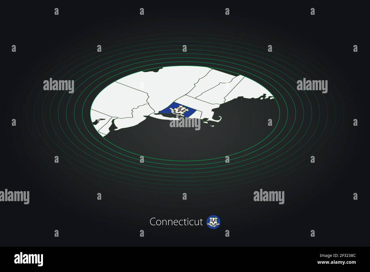 Carte du Connecticut de couleur foncée, carte ovale avec États américains voisins. Carte vectorielle et drapeau de l'état américain Connecticut Illustration de Vecteur