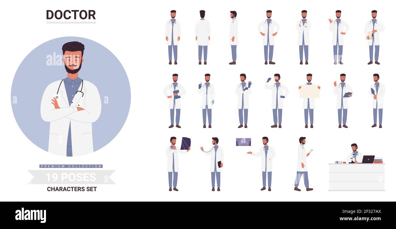 Homme médecin pose set, barbu travailleur médical avec stéthoscope pose, travaillant à l'hôpital Illustration de Vecteur Homme médecin pose set, barbu travailleur médical avec stéthoscope pose, travaillant à l'hôpital Illustration de Vecteur