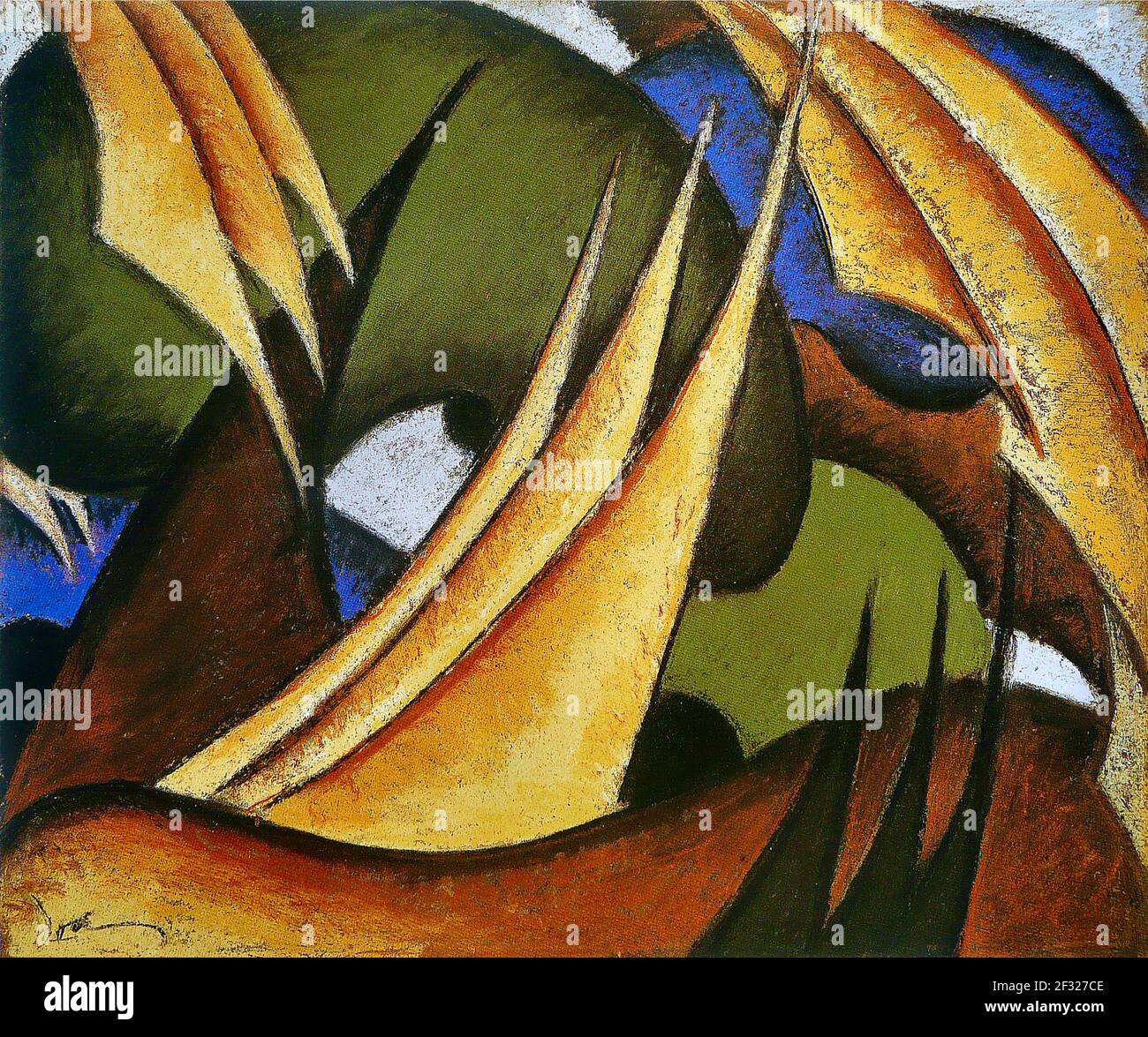 Voiles d'Arthur Dove - voiles triangulaires des bateaux à voile sur une mer en mouvement vivant - œuvres abstraites américaines vintage. Banque D'Images