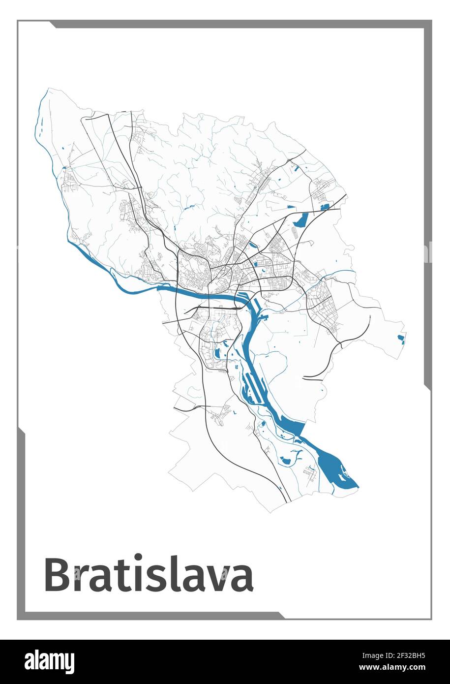 Bratislava carte poster, zone administrative vue plan. Plan noir, blanc et bleu de la ville de Bratislava avec ses rivières et ses rues. Contour de la silhouette Illustration de Vecteur