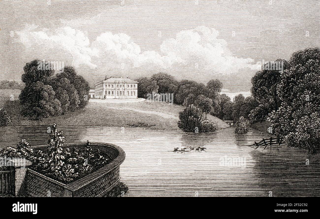 Une vue historique de Braxted Lodge dans Essex, Angleterre, Royaume-Uni, le siège alors de Peter du Cane Esquire. c. 1818. Dessiné et gravé par J. Greig pour le livre "excursions à travers Essex". Banque D'Images