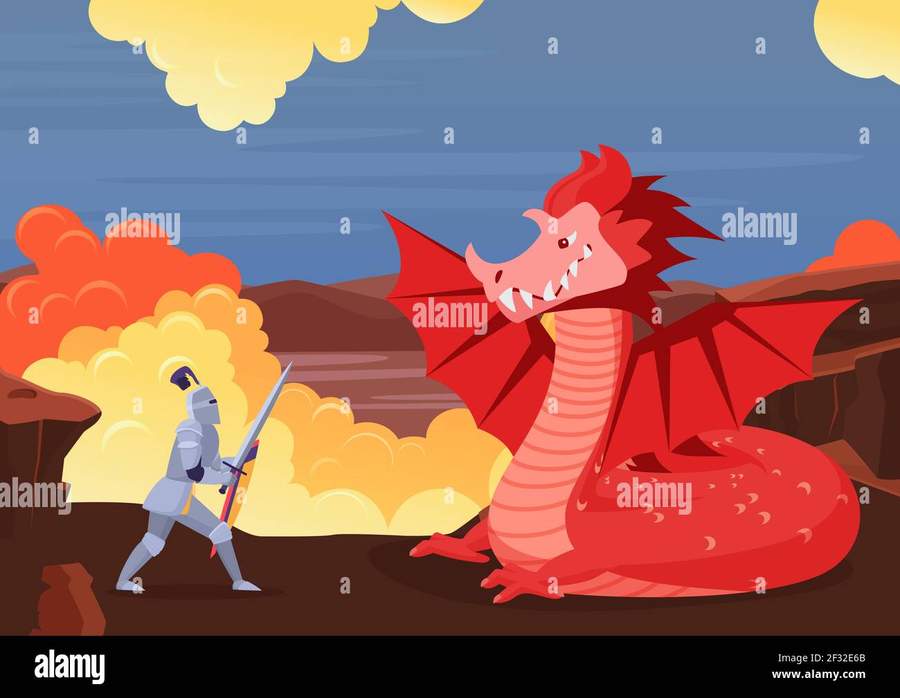 Le chevalier courageux combat le dragon, le paysage de conte de fées avec le combat entre guerrier et monstre Illustration de Vecteur