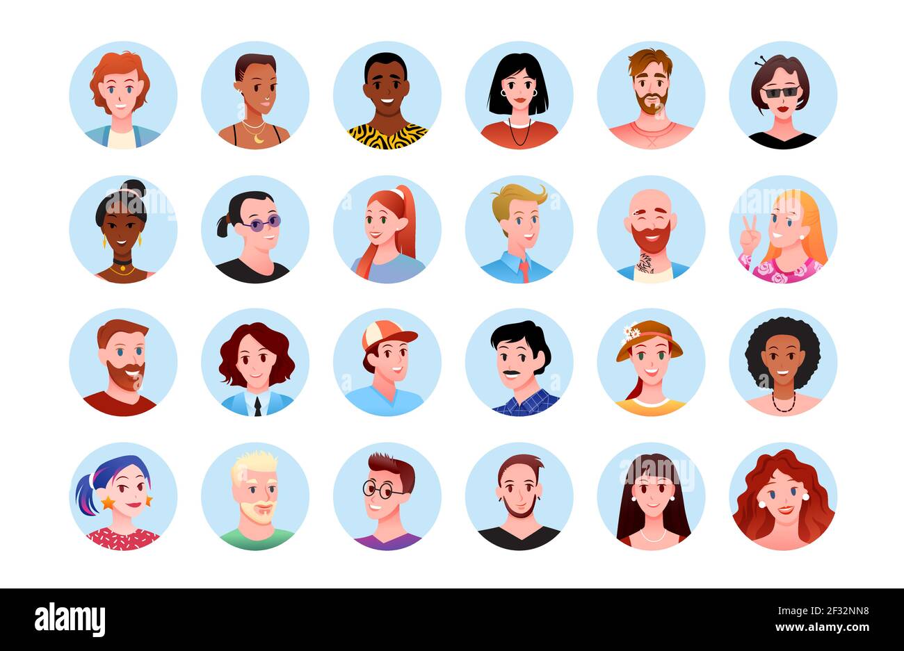 Portrait de personnes heureuses autour avatar pour les médias sociaux ensemble, mignons différentes têtes dans des cercles Illustration de Vecteur