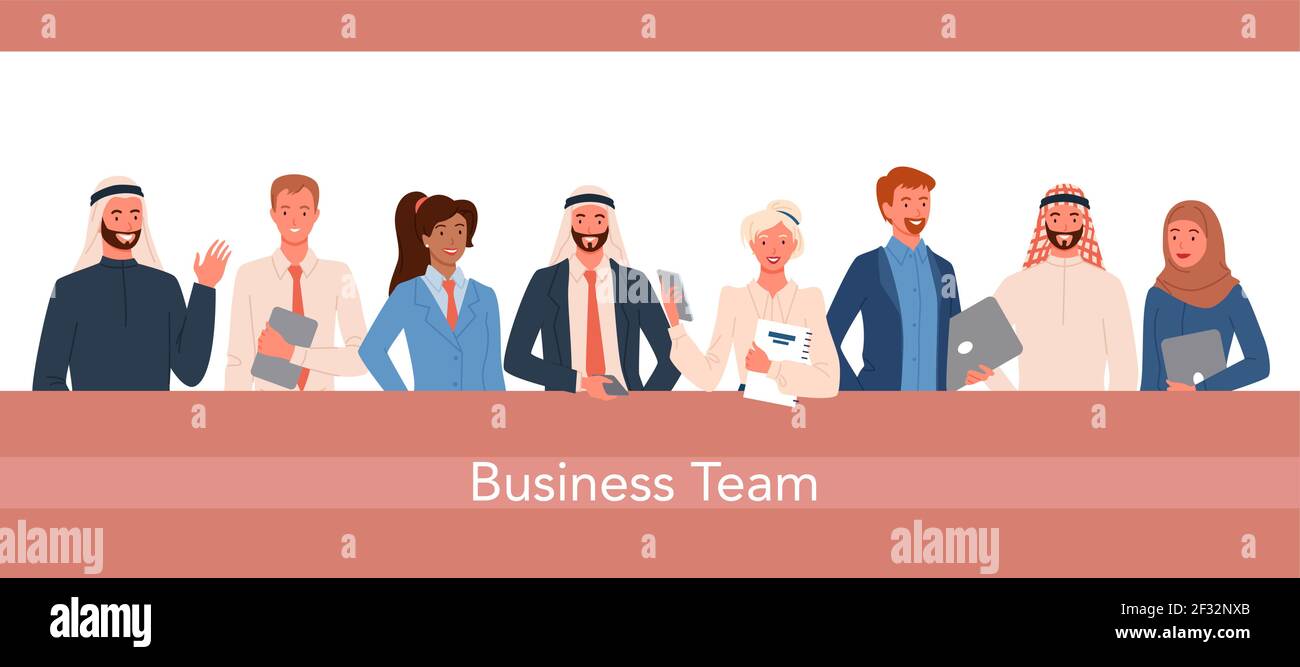 Équipe de travailleurs de bureau d'affaires, homme d'affaires heureux femme d'affaires debout ensemble Illustration de Vecteur