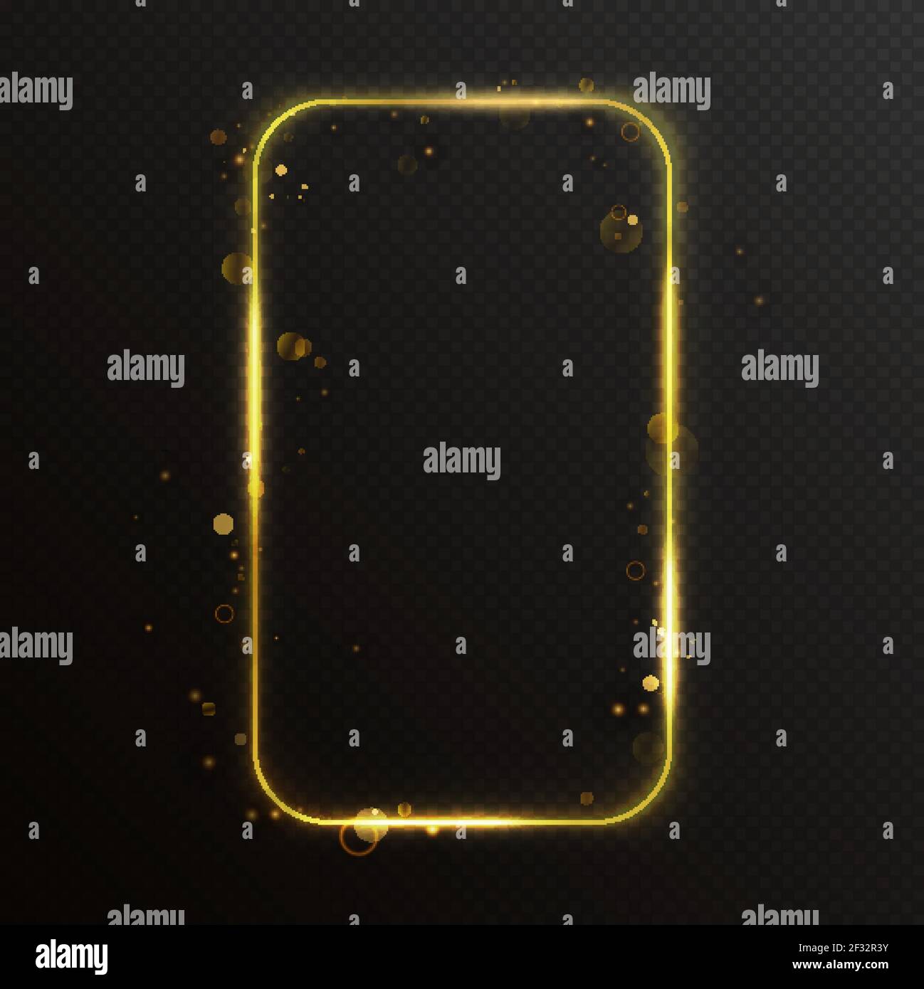 Cadre rectangulaire pour smartphone doré, lignes à effet de lumière avec flash abstrait volant, reflets Illustration de Vecteur