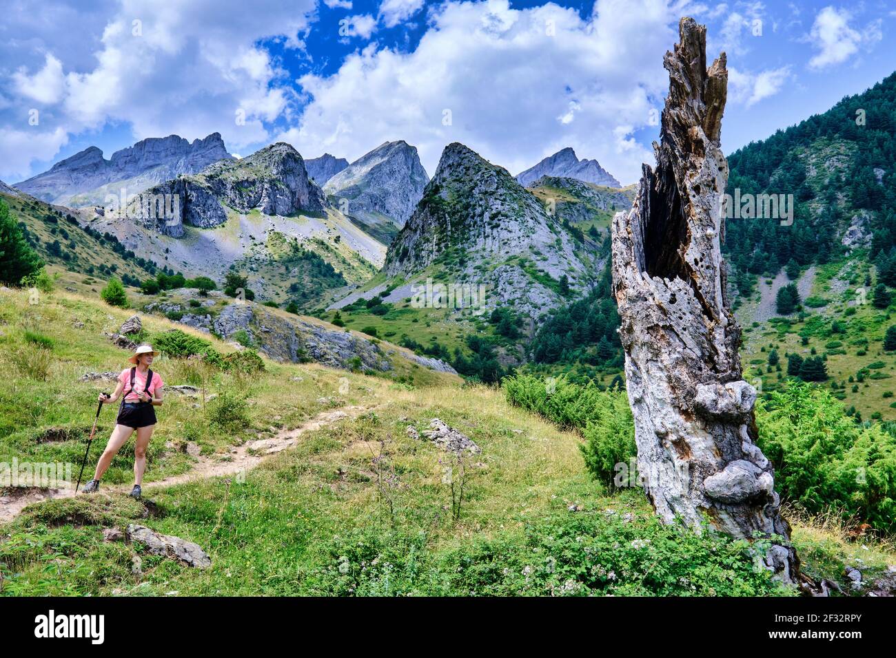 Femme de randonnée dans un paysage de montagnes et de prairies. Itinéraire IBON de Acherito. Banque D'Images