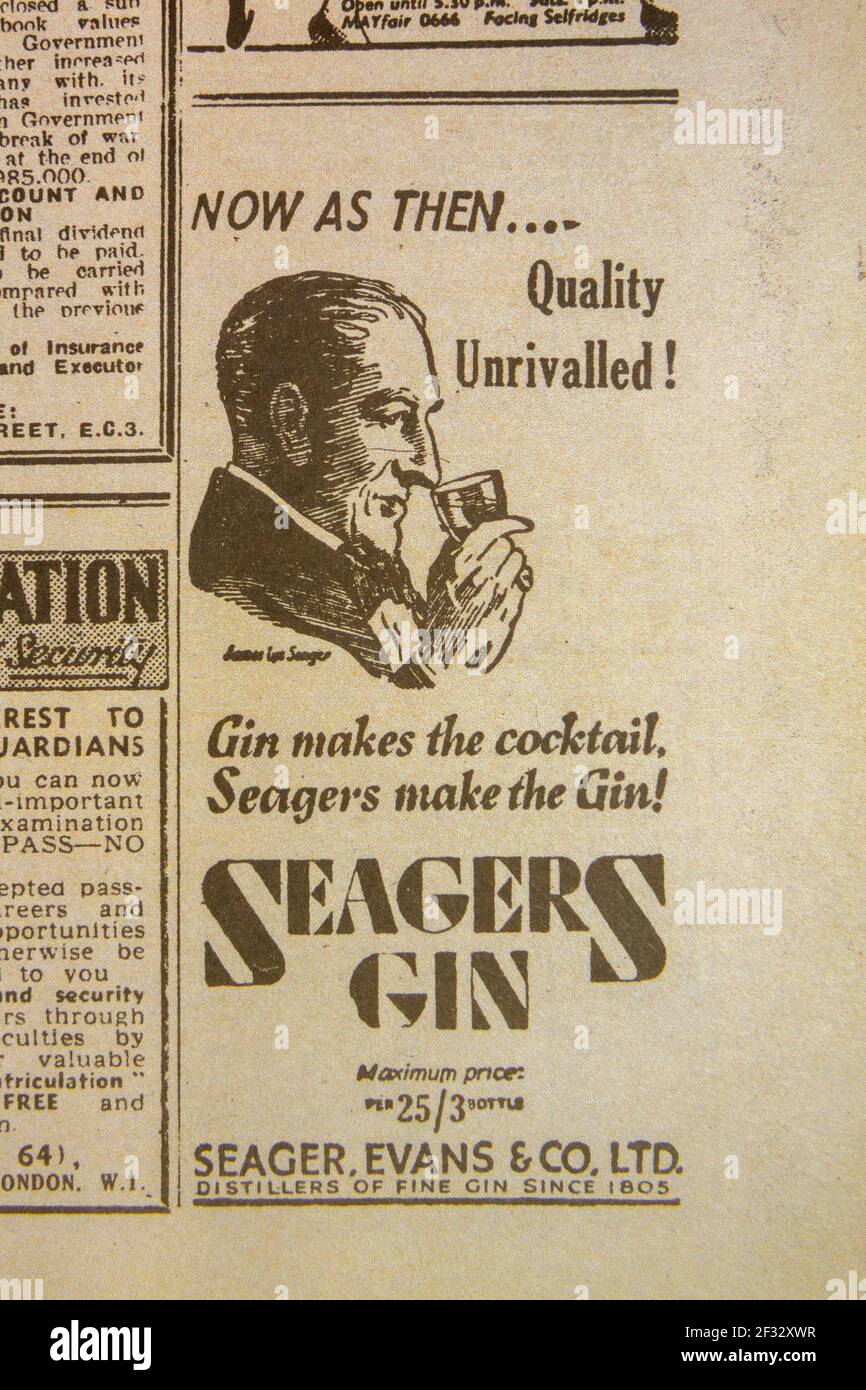 Publicité pour Seagers Gin dans le journal Standard du soir (réplique) le 6 juin 1944. Banque D'Images