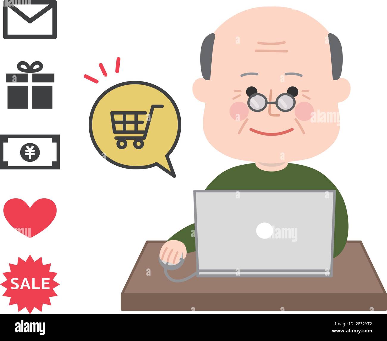 Homme âgé aimant faire du shopping sur le net. Illustration vectorielle isolée sur fond blanc. Illustration de Vecteur