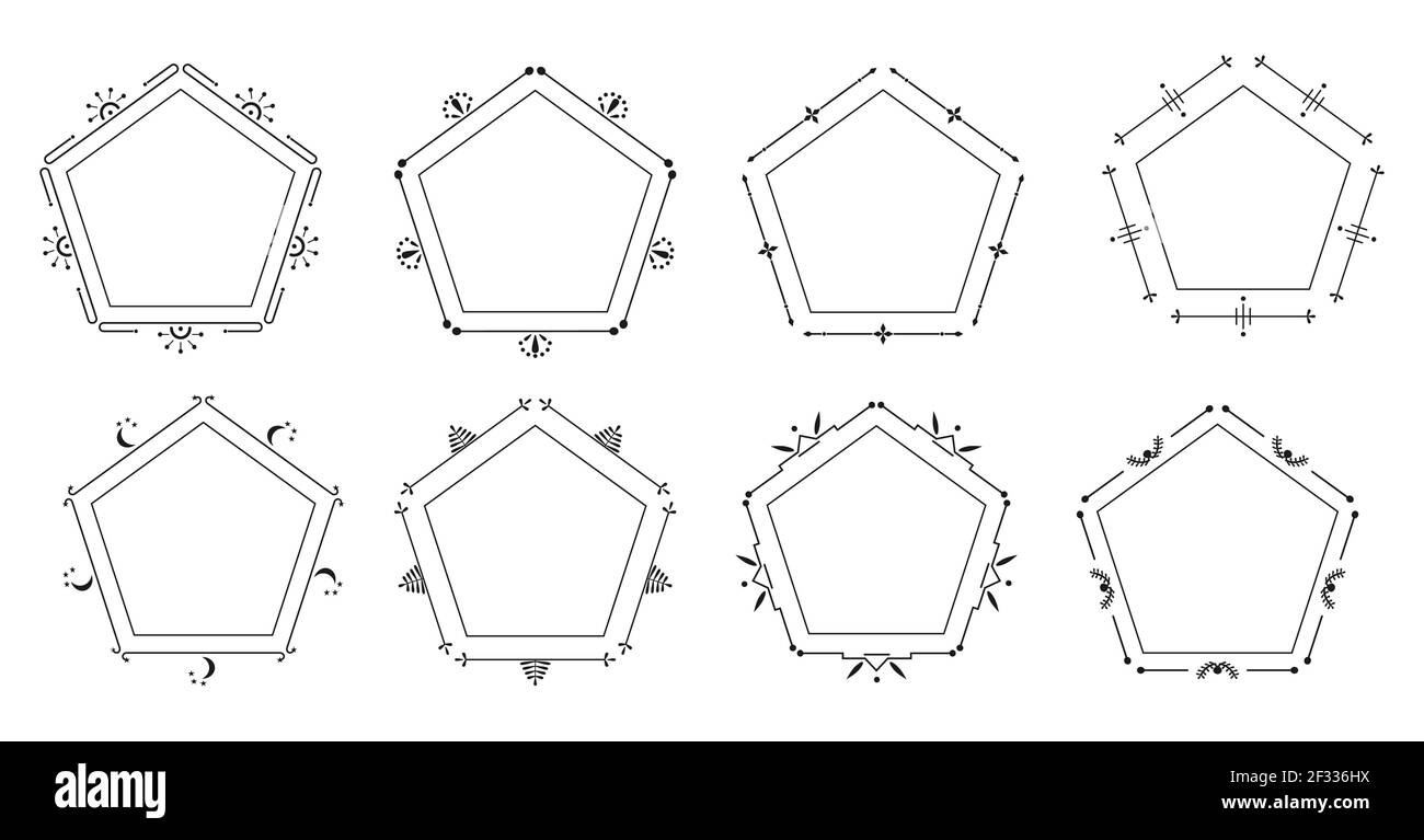 Ensemble élégant et décoratif de cadres noirs. Cadres de pentagone ornementaux super pour certificat, menu, page de livre. Bordure à motif fleuri pour carte d'invitation à un mariage. Isolé sur une illustration vectorielle blanche Illustration de Vecteur