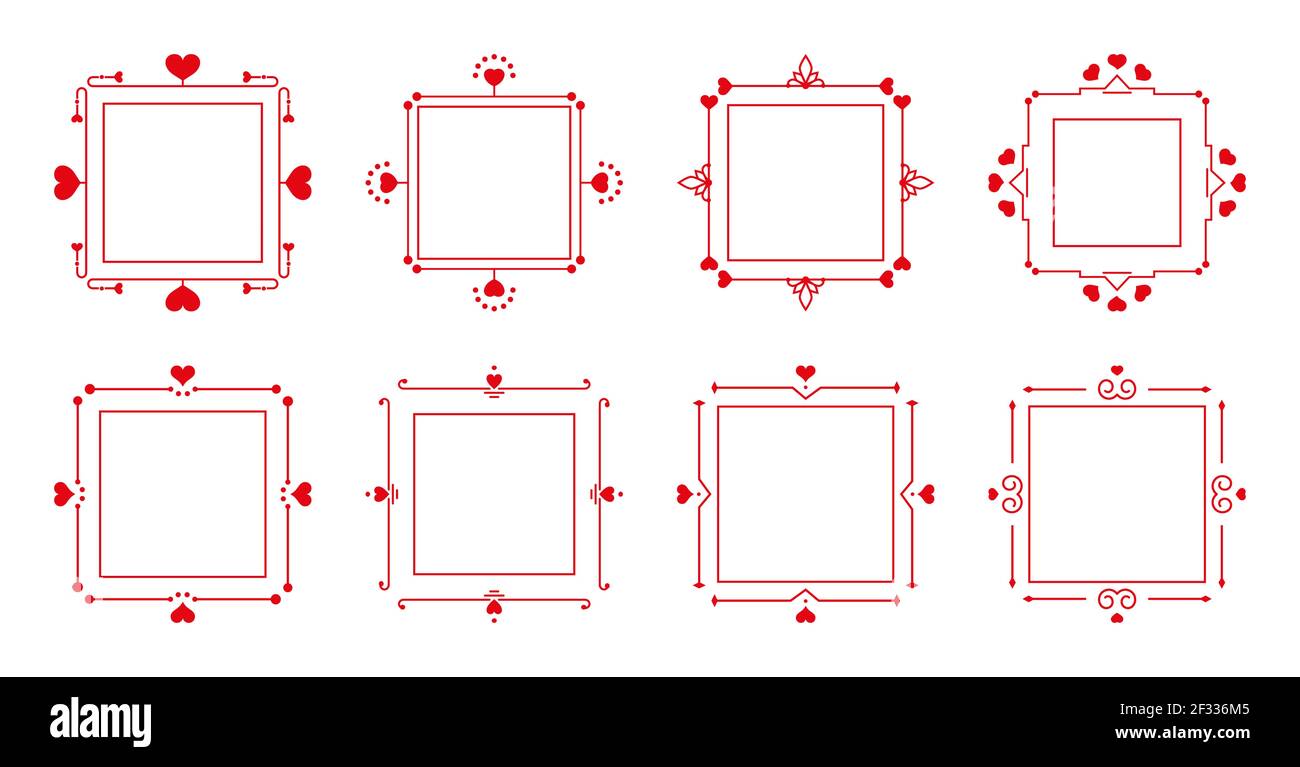 Ensemble élégant et décoratif de cadres rouges. Certificat de cadres ornementaux avec coeurs super pour menu romantique, livre. Bordure de décor pour carte d'invitation de mariage ou Saint Valentin. Illustration vectorielle isolée Illustration de Vecteur