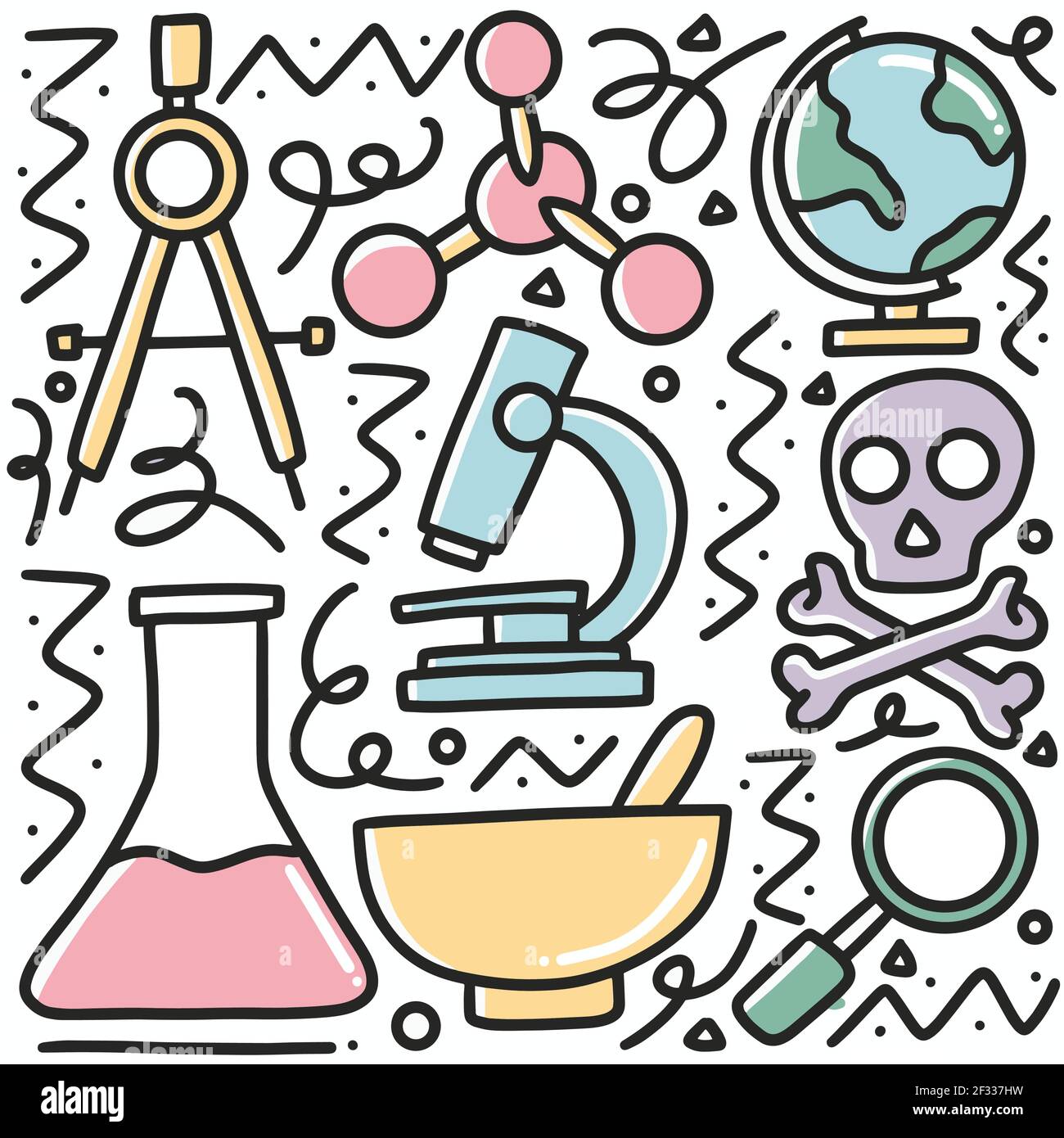 ensemble d'outils chimiques dessinés à la main Illustration de Vecteur