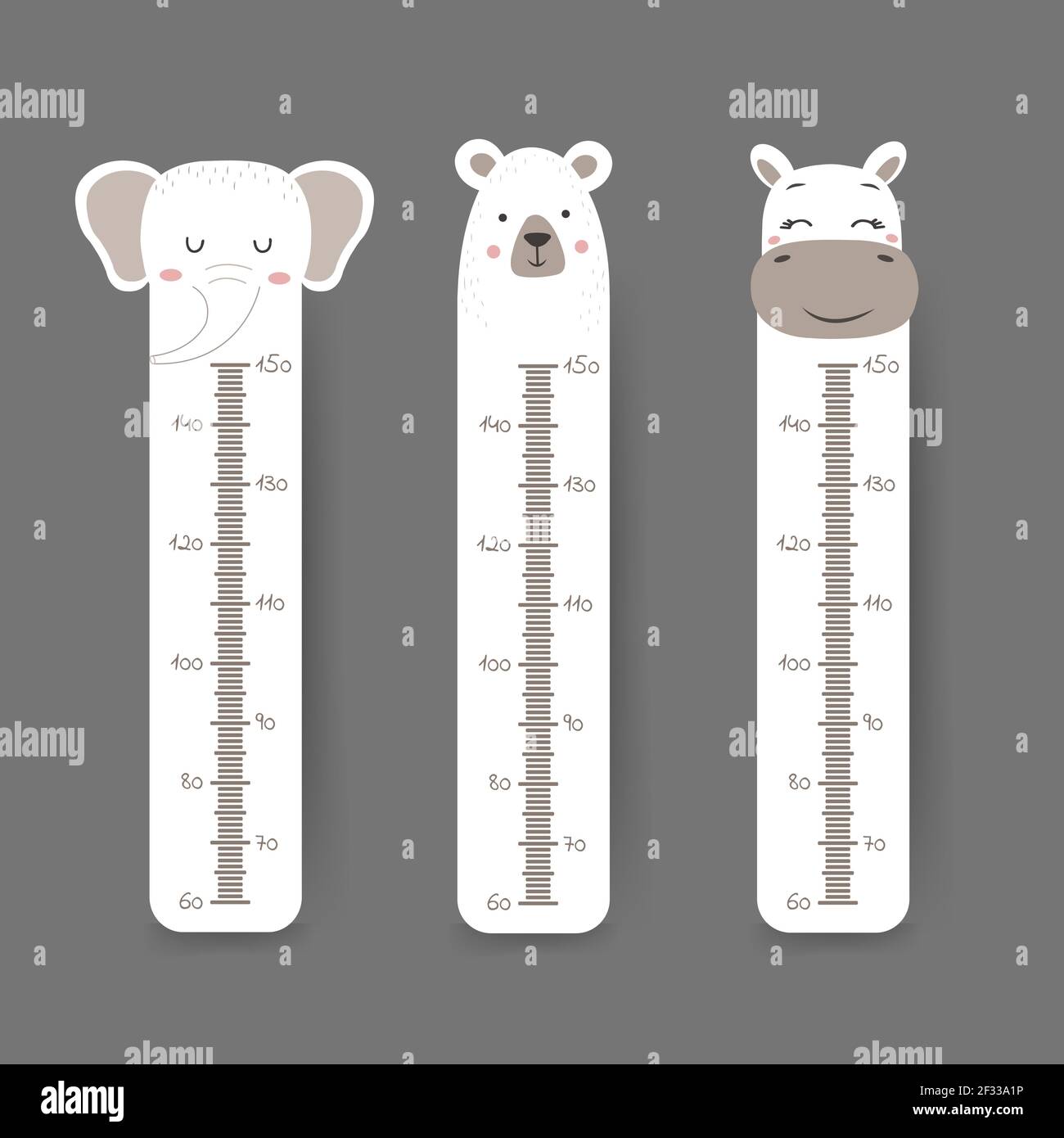 Tableau des hauteurs pour enfants. Appareil de mesure mural mignon avec animaux amusants. Modèle vectoriel. Zoo de dessins animés. Conception de produits pour enfants de style scandinave Illustration de Vecteur